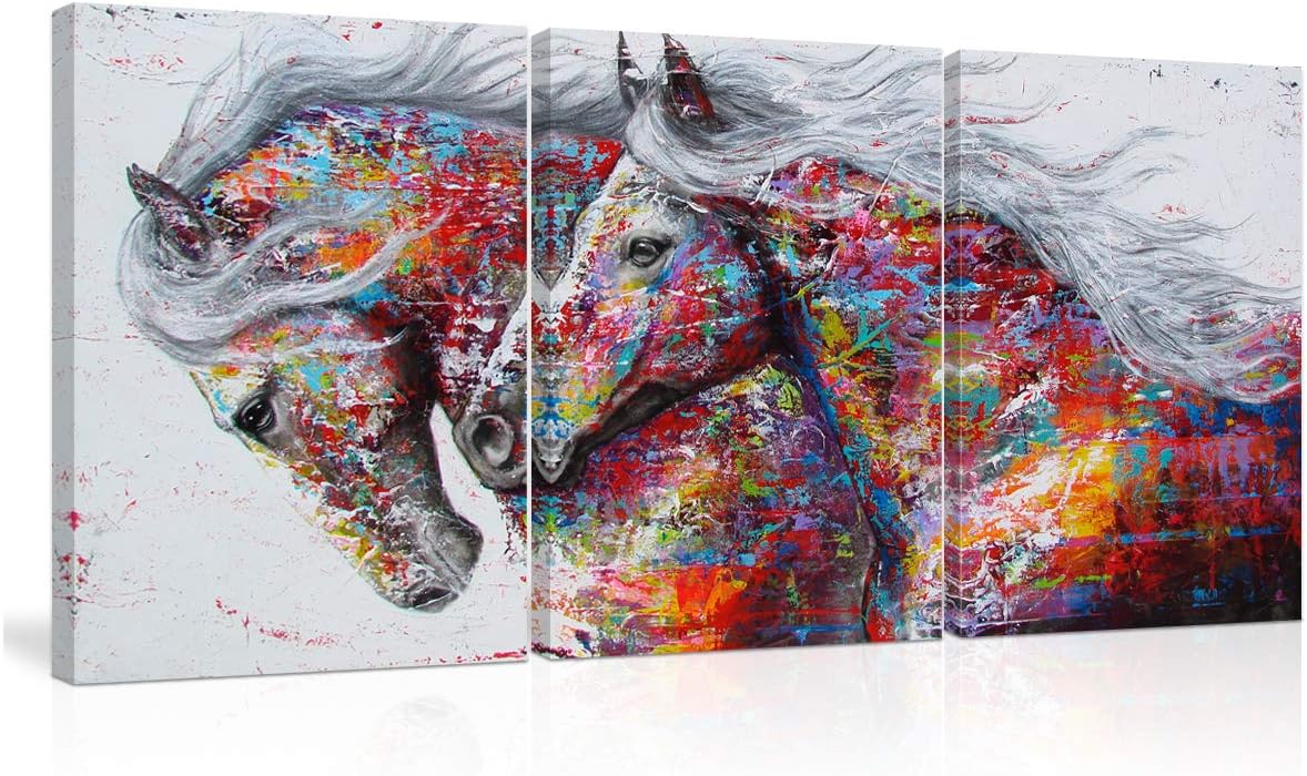 AMEMNY3 Panels Graffiti Colorful Two Running Horses Wall Art Canvas Oil Paintings on Canvas Contemporary Animals Poster for Living Room Office Home Decor Framed Ready to Hang