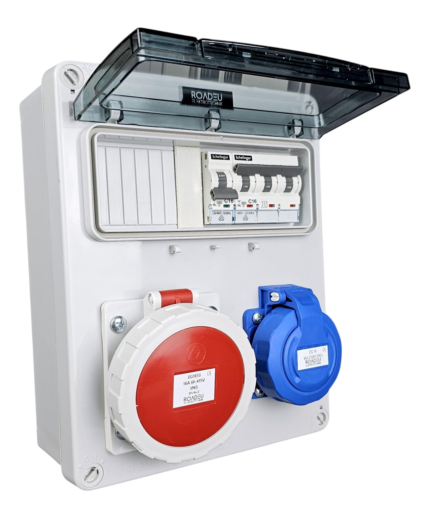 RoadEu Quadro elettrico IP65 CEE 16A 5P 400V e presa Schuko 230V | Interruttori magnetotermici VDE | C16A 3P + C16A 1P | coperchi avvitabili | montaggio a parete