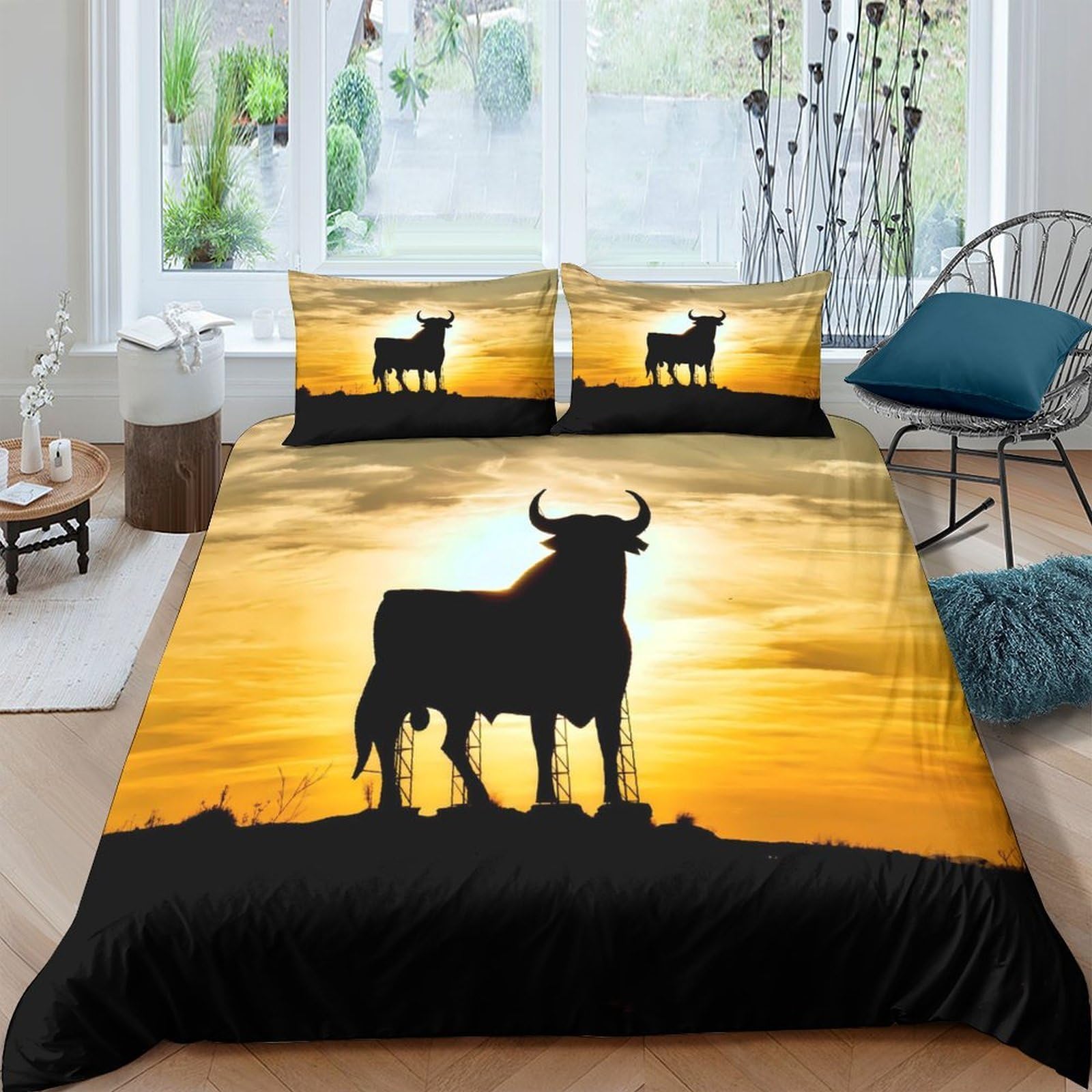 Ctjqhvkz Style-1 3D Printed Sunset Bull Fitted Sheet Microfiber Soft Breathable Silhouette Mattress Cover For Bedroom Guest Room Decor Single（135X200cm）