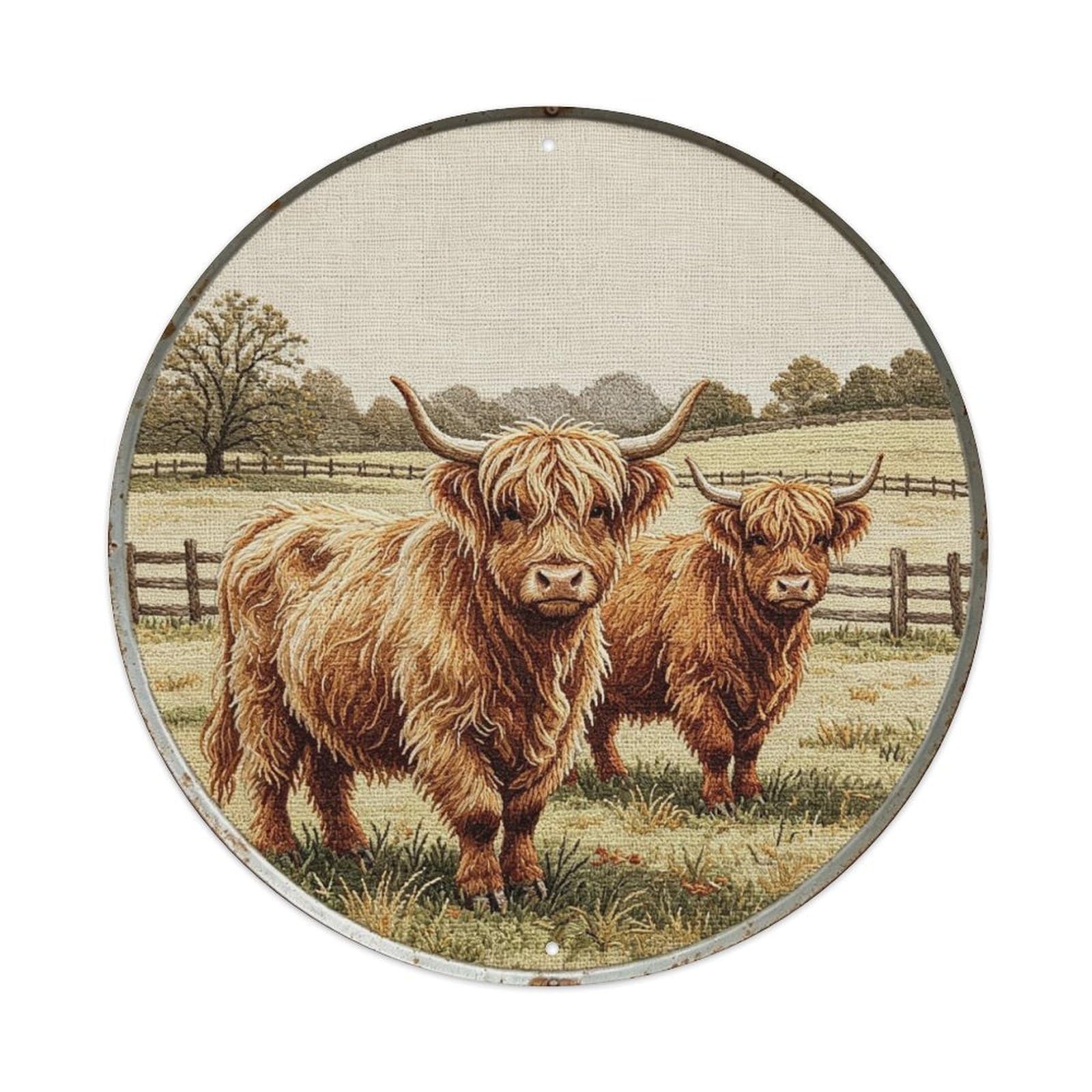 Highland Cow Embroidery Metal Tin Sign Plaque