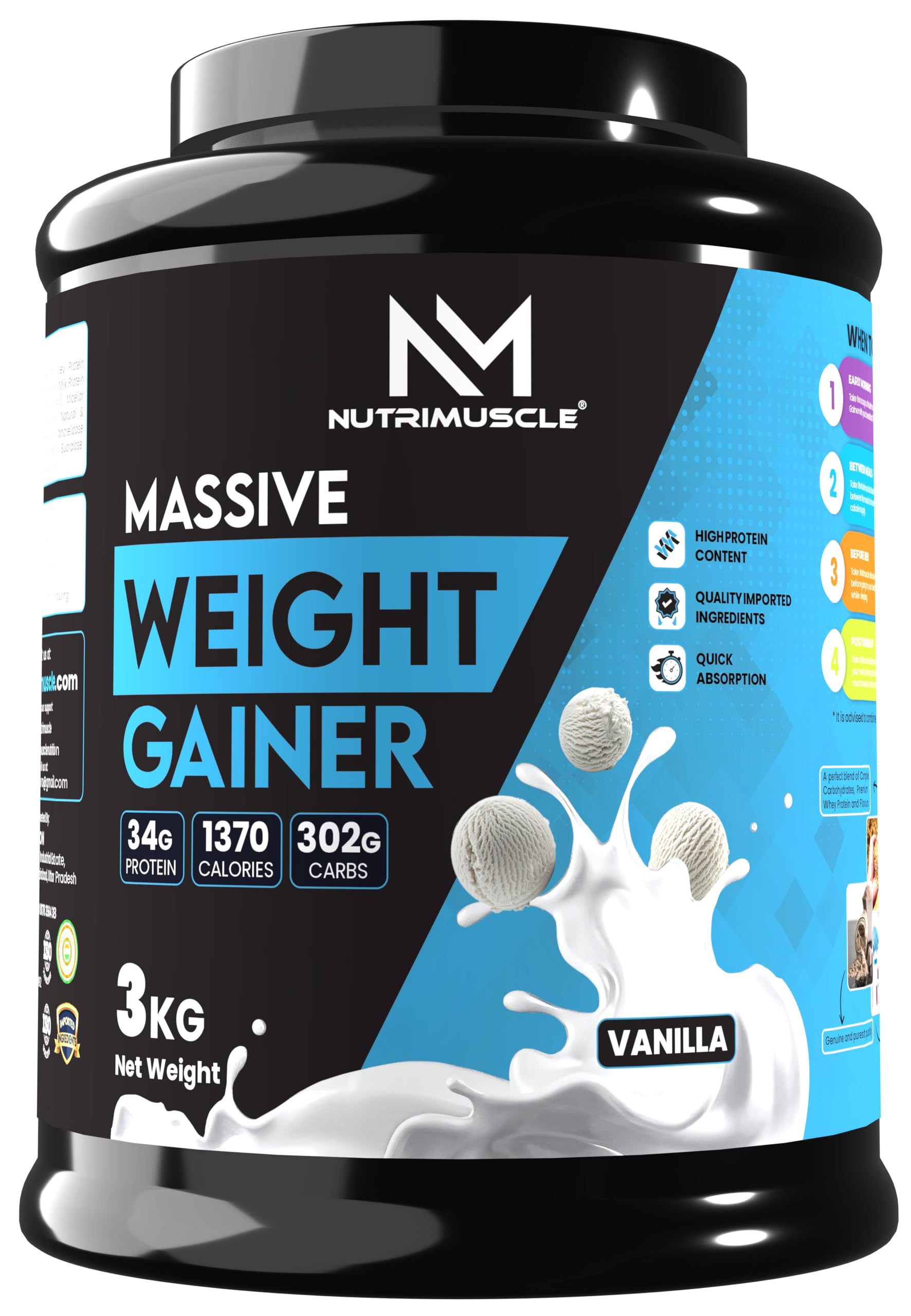 Nutrimuscle ® Massive Weight Gainer - 3.5 Kgs - Vanilla Flavour - For Weight & Mass Gain - Contains Complex Carbohydrates,Protein and Imported Ingredients