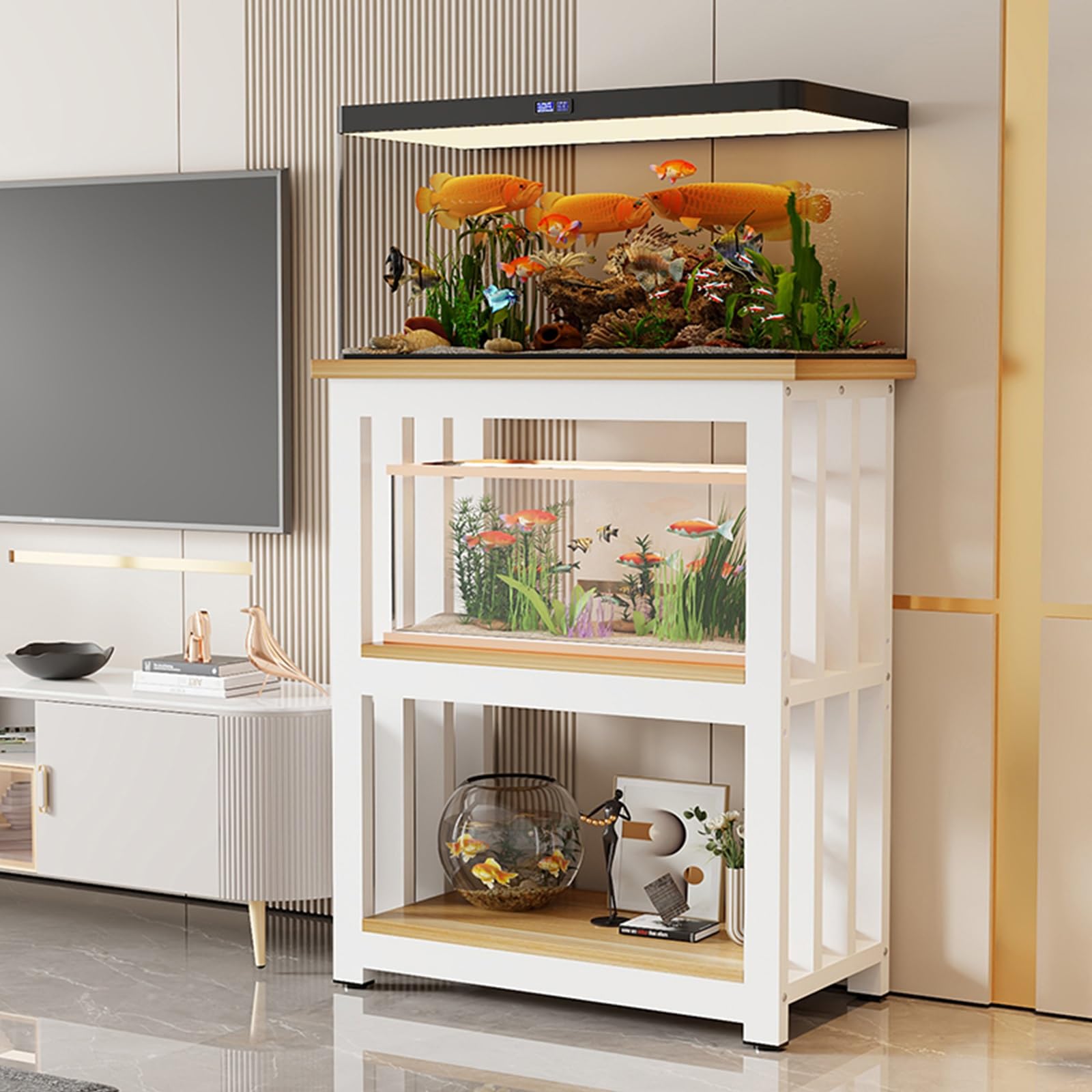 Stojak na Akwarium z Półką na Akcesoria, 3-poziomowy, Szafka Podłogowa do Akwarium, Stojak do Domowego Biura, Dla Hodowcy, żółw, Gadów, Terrarium(White,50x35cm/19.6x13.7in)