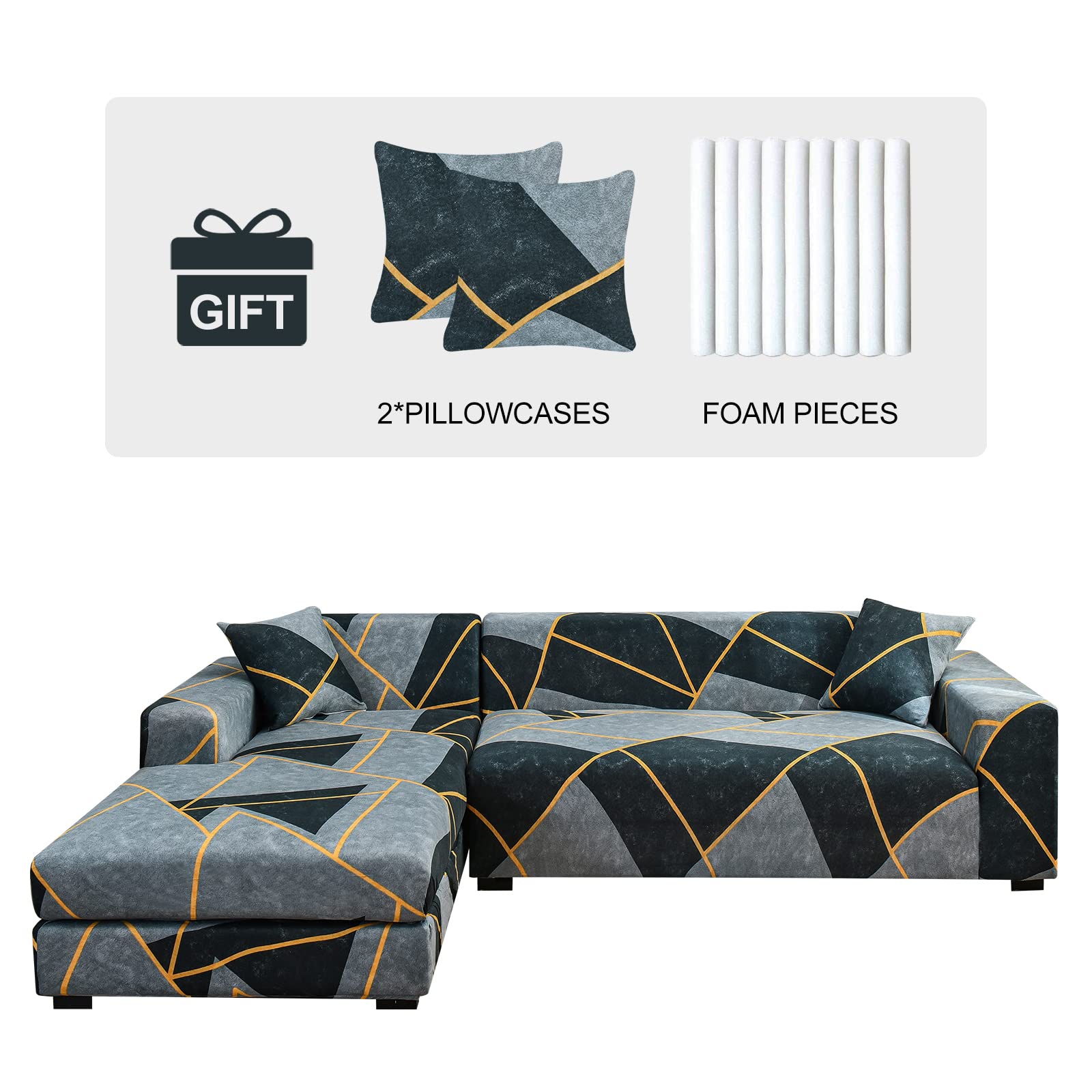 JOYDREAM 2pcs Sectional Couch Covers Printed L-Shaped Sofa Covers Stretch Couch Slipcovers for Sectional Sofa, Sofa Slipcovers with 2 Pillowcases (Pattern WK, Medium+Medium)