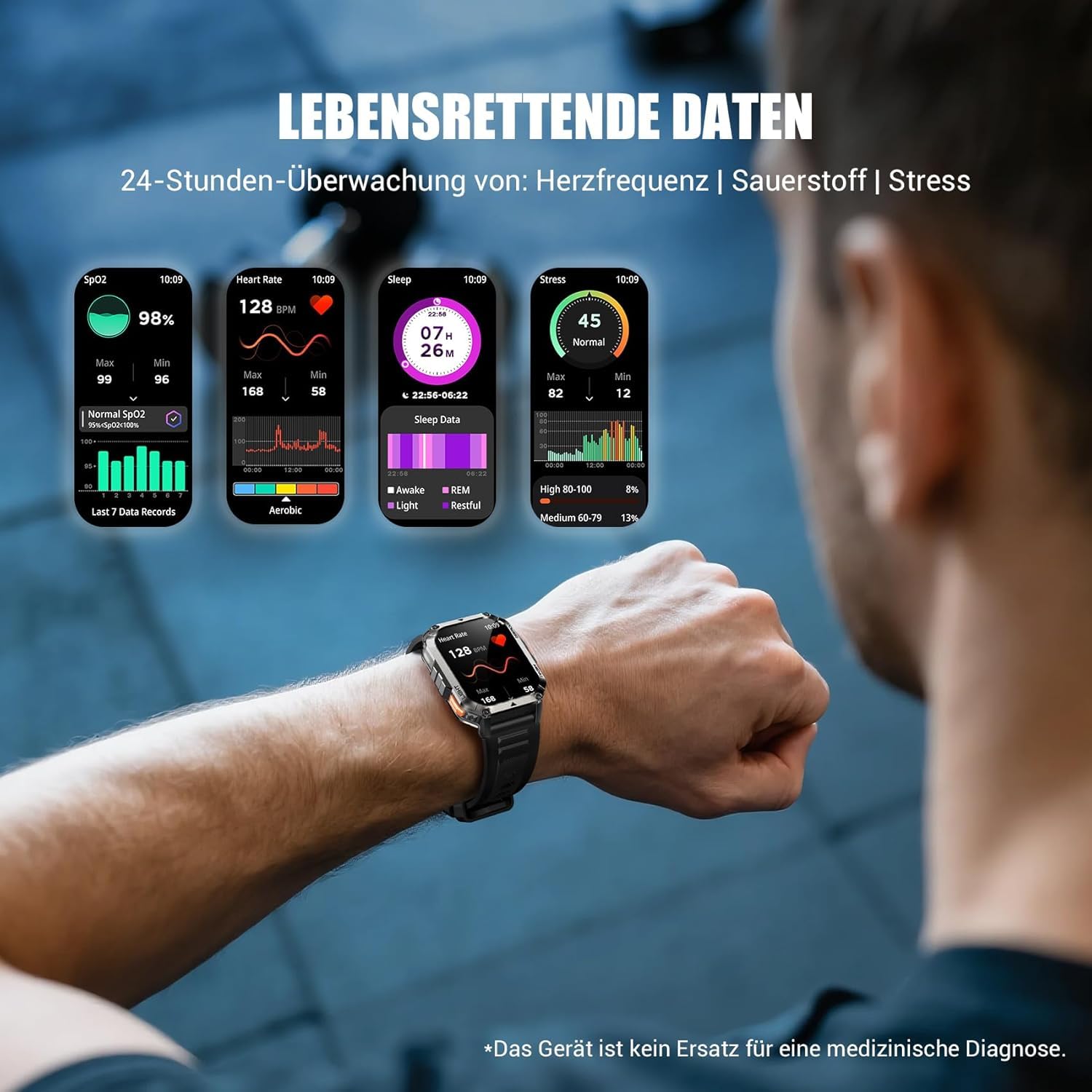 IOWODO Militär Smartwatch Herren,100 Tage Akku, LED Taschenlampe, Bluetooth-Anrufe, Kompass, 100+ Sportmodi, Herzfrequenz- & SPO₂-Monitor, IP68 Wasserdicht, Schlafüberwachung