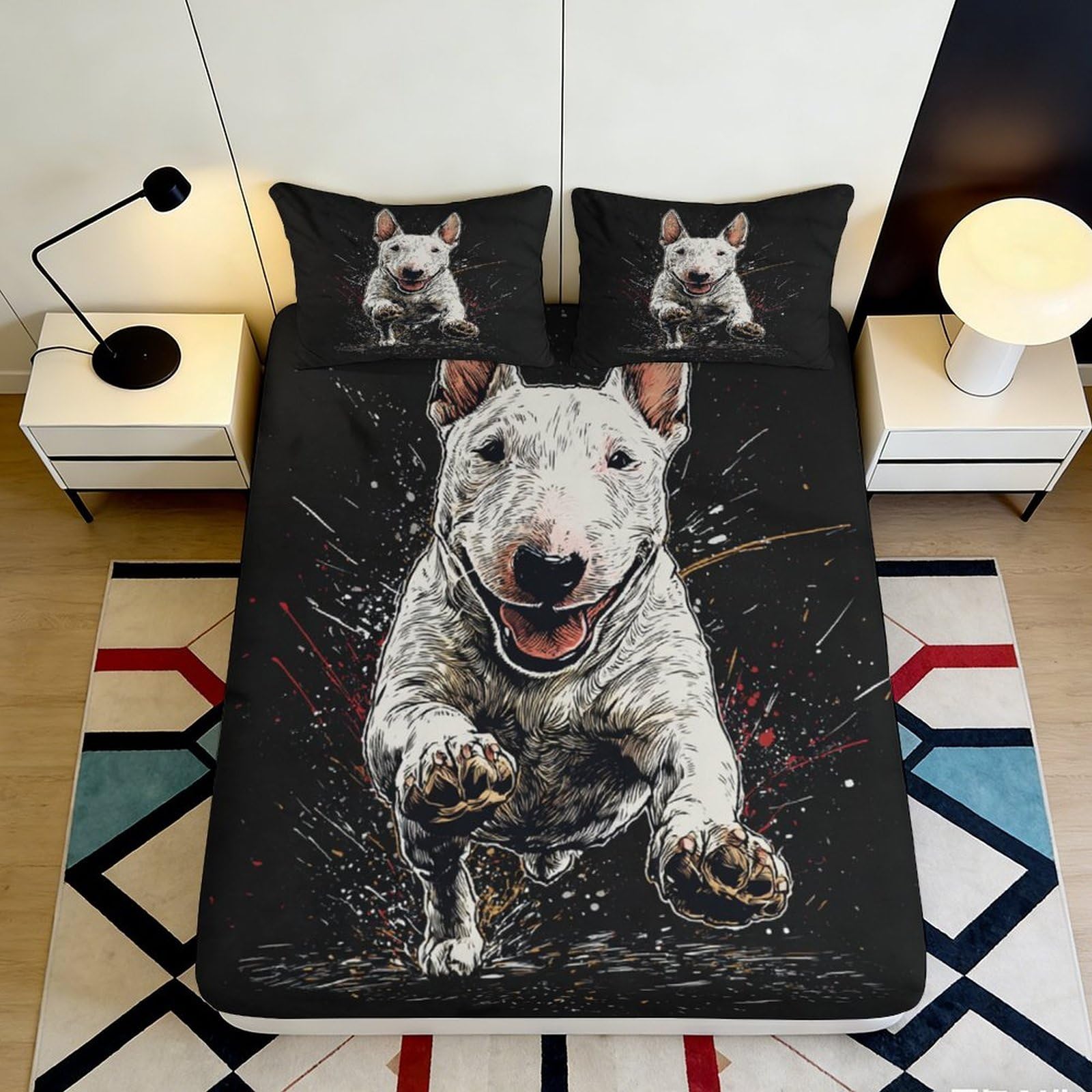 3D Printed Bull Terrier Fitted Sheet Microfiber Soft Breathable Dog Art Bed Sheet for Bedroom Dorm Mattress Protection Decor 90x200x25cm