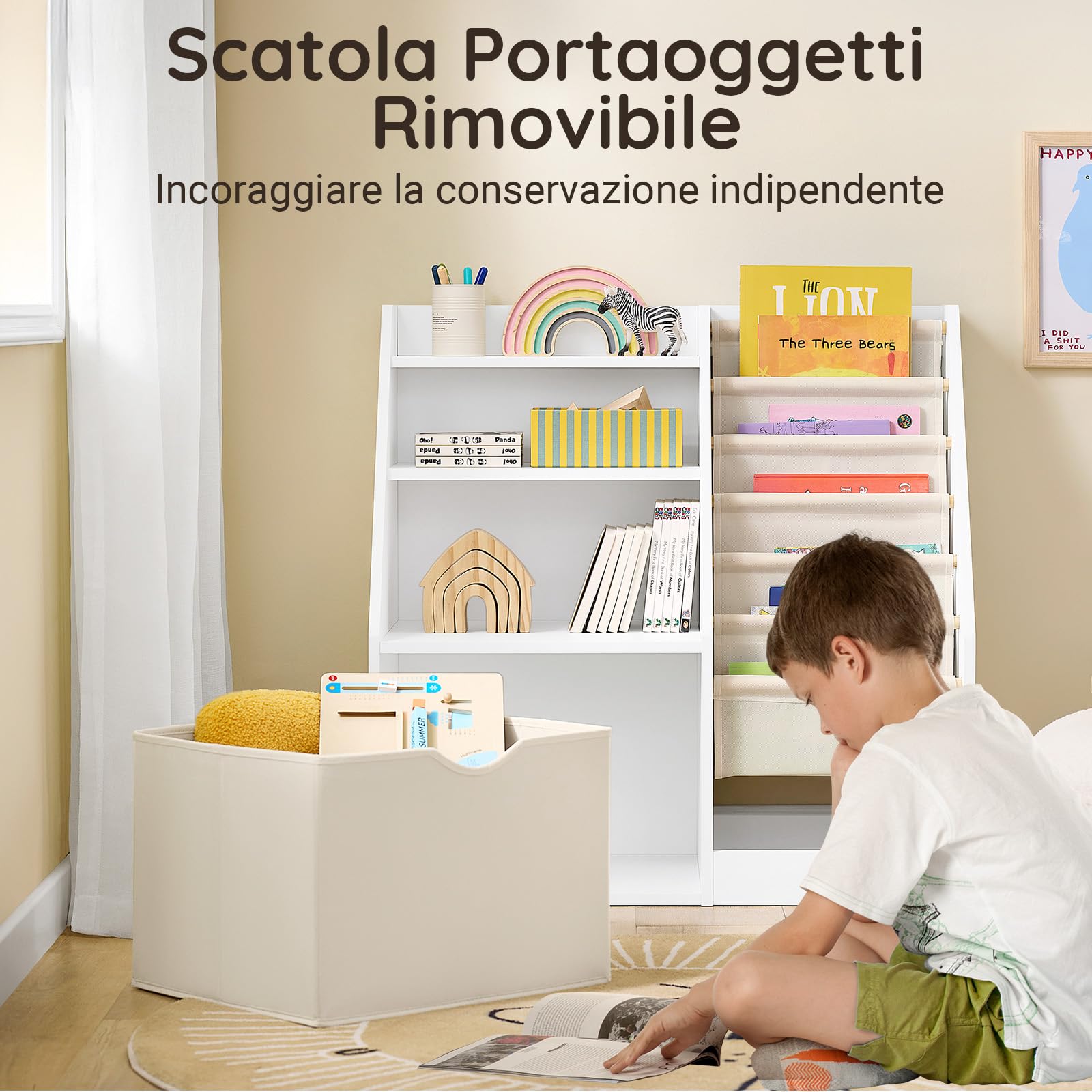 SoBuy Libreria Montessoriana per Bambini con 6 Tasche in Tessuto 80x40x80cm