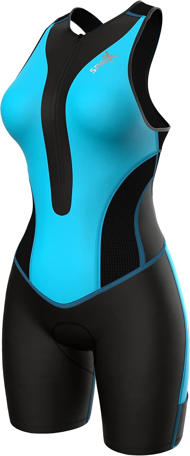 Sparx Women Triathlon Suit Tri Short Racing Cycling Swim Run (2XL, Black/Aqua)
