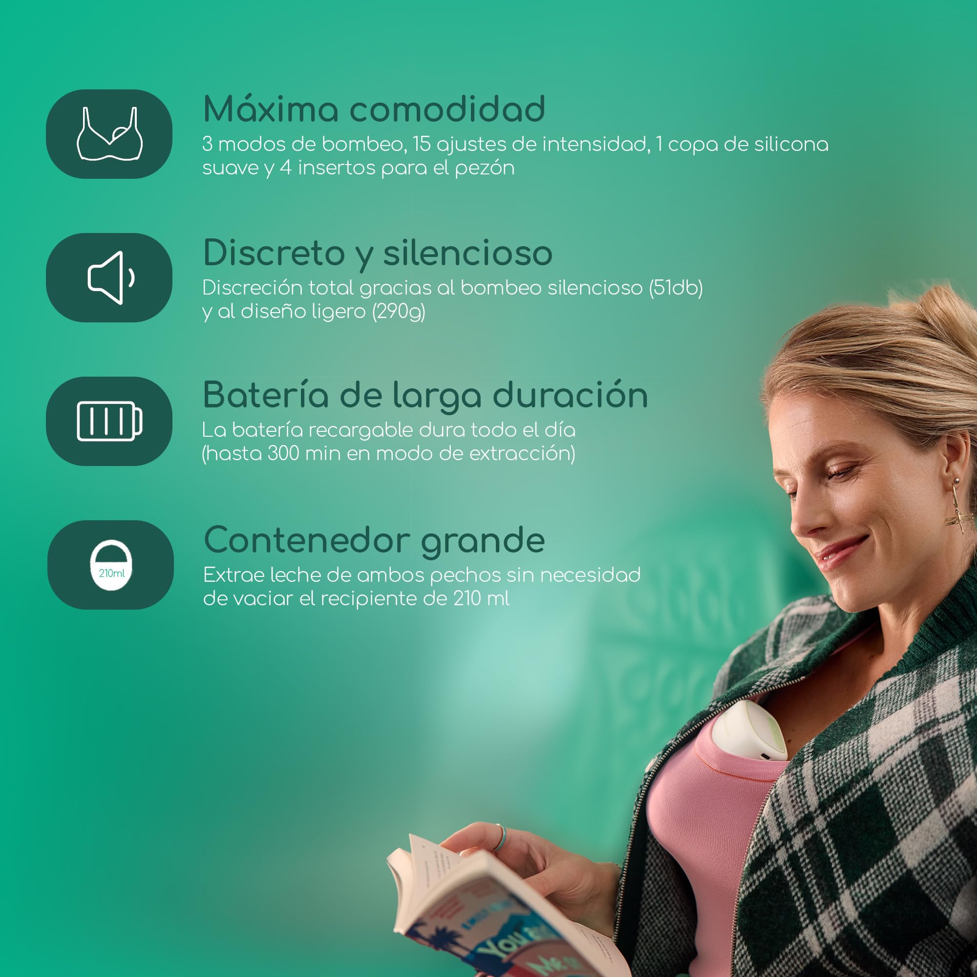 Bebeconfort Discreet Sacaleches Electricos, Sacaleches Manos Libres, Silencioso (51 dB), 3 Modos de Extracción, 15 Ajustes Intensidad, Batería Larga Duración, Contenedor Grande 210 ml