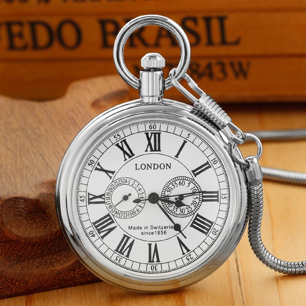 Orologio da taschino in acciaio inox, stile vintage, con disegno di treno londinese, meccanico a carica manuale, con catena