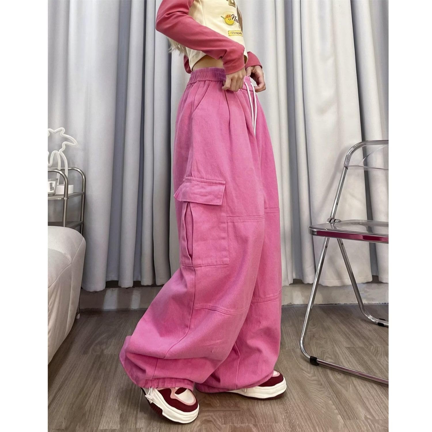 PEAINJ Baggy Cargo Pants for Women Men Y2k Wide Leg Sweatpants High Waisted Drawstring Pants Hip Hop Clothes: Style3 Large