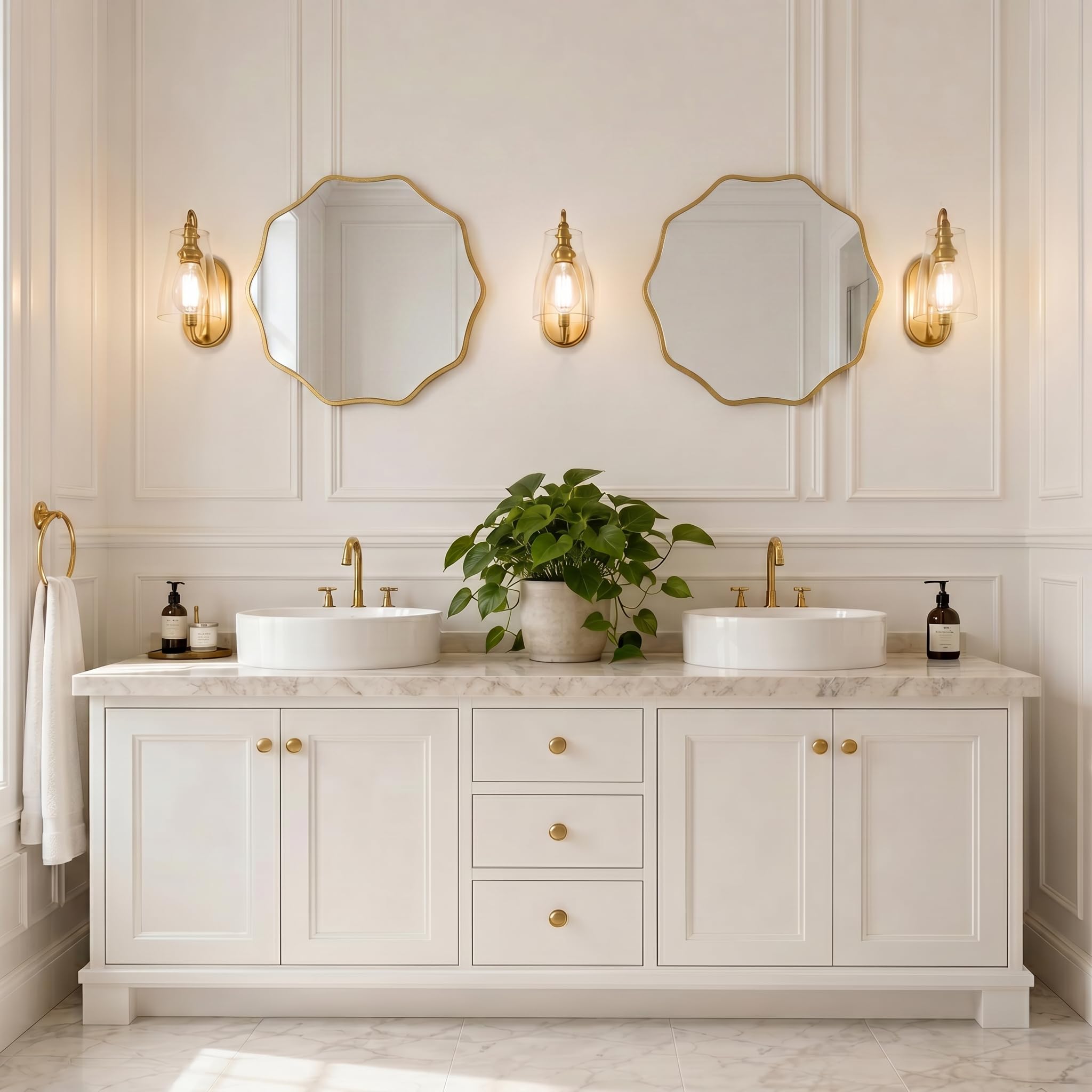 PERFNIQUE Specchio da parete rotondo ondulato con cornice in legno, specchio decorativo da appendere o appoggiare, specchio da bagno, specchio da corridoio, soggiorno, design in legno naturale (oro