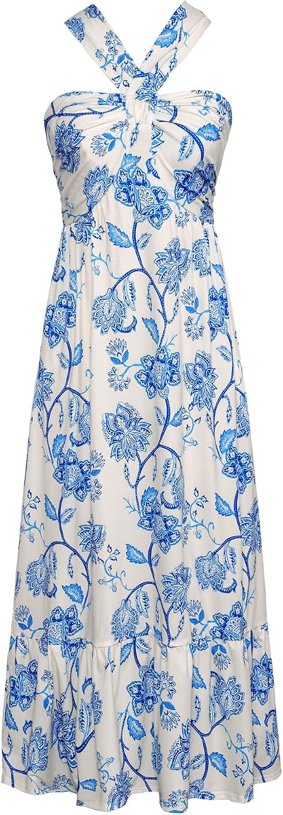 GRACE KARIN 2024 Summer Women's Criss Cross Halterneck Sleeveless Floral Print Flowy A Line Maxi Dress Beige Blue S
