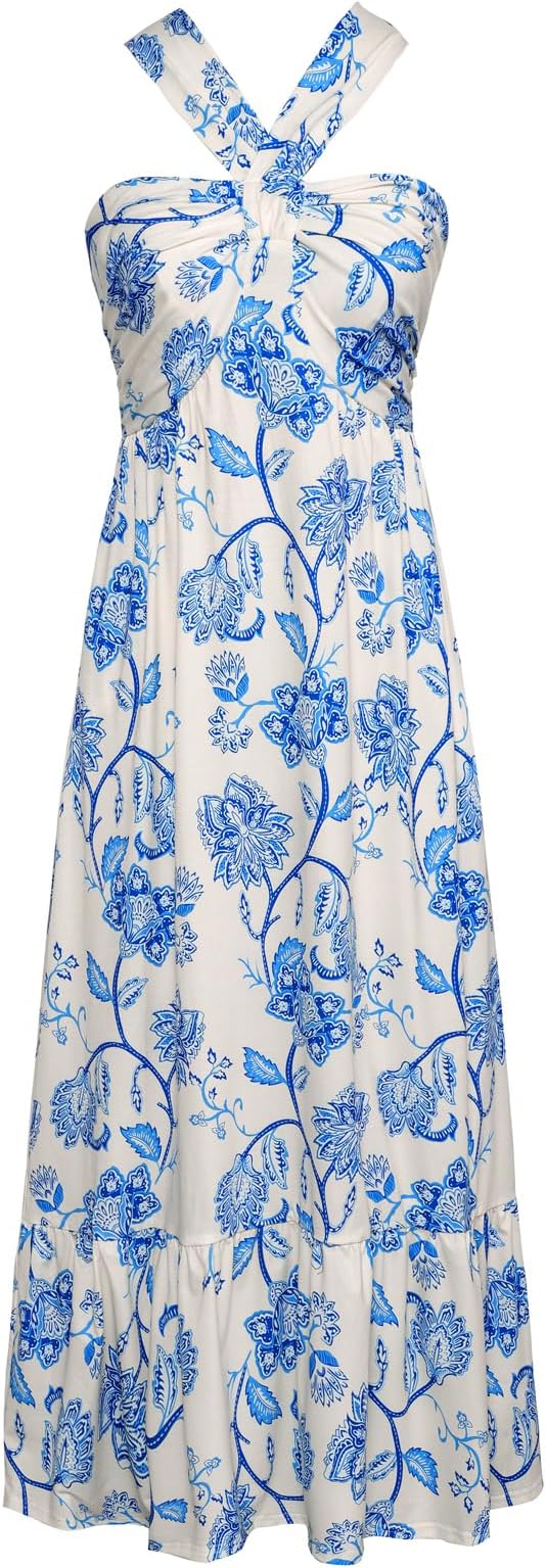 GRACE KARIN 2024 Summer Women's Criss Cross Halterneck Sleeveless Floral Print Flowy A Line Maxi Dress Beige Blue S