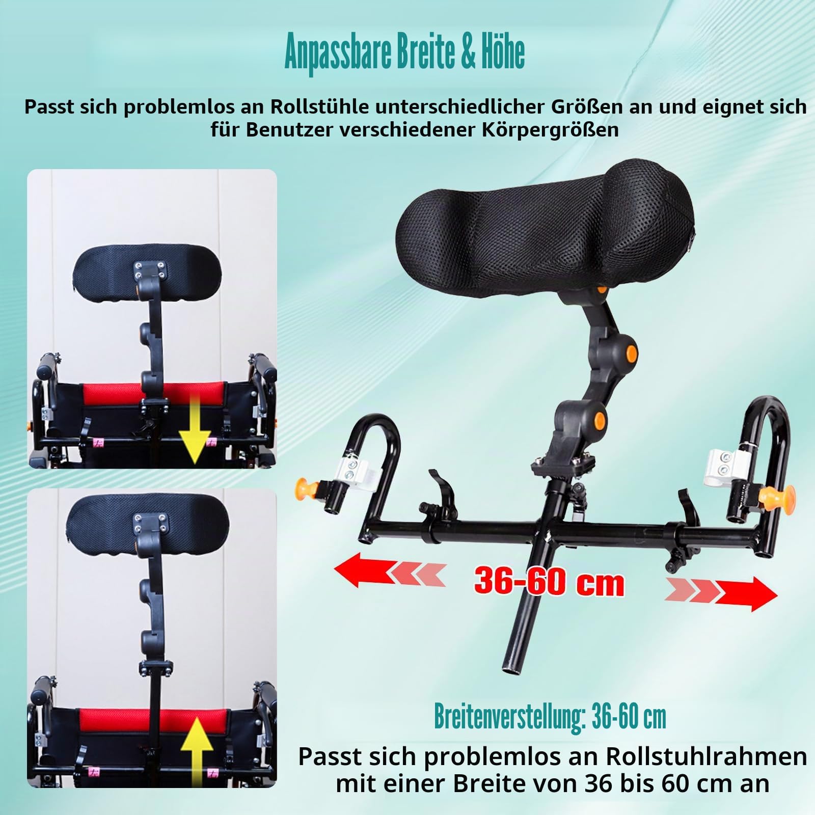 Verstellbare Rollstuhl Kopfstütze – Ergonomische Nackenstütz Kopfkisse für Senioren und Menschen mit Behinderung, Höhenverstellbar 36-49 cm, Breitenverstellbar 30-60 cm, für Universell Rollstühle