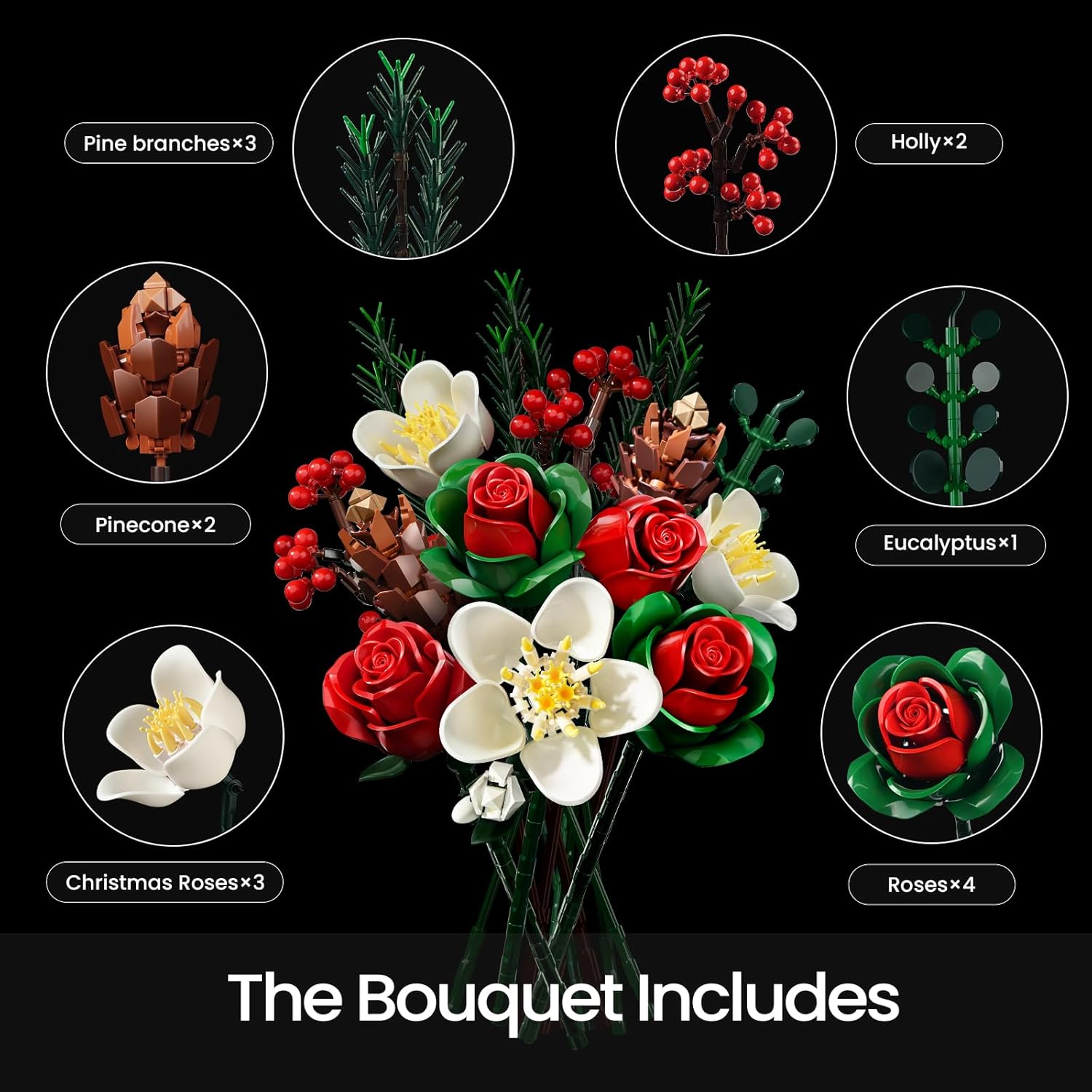 iATOM Flower Bouquet Building Set - Artificial Roses Botanical Collection for Adults - Gift for Mothers Day - Birthday Gift for Mom Her Girlfriend Wife Modern Home Office Table Centerpiece Decor