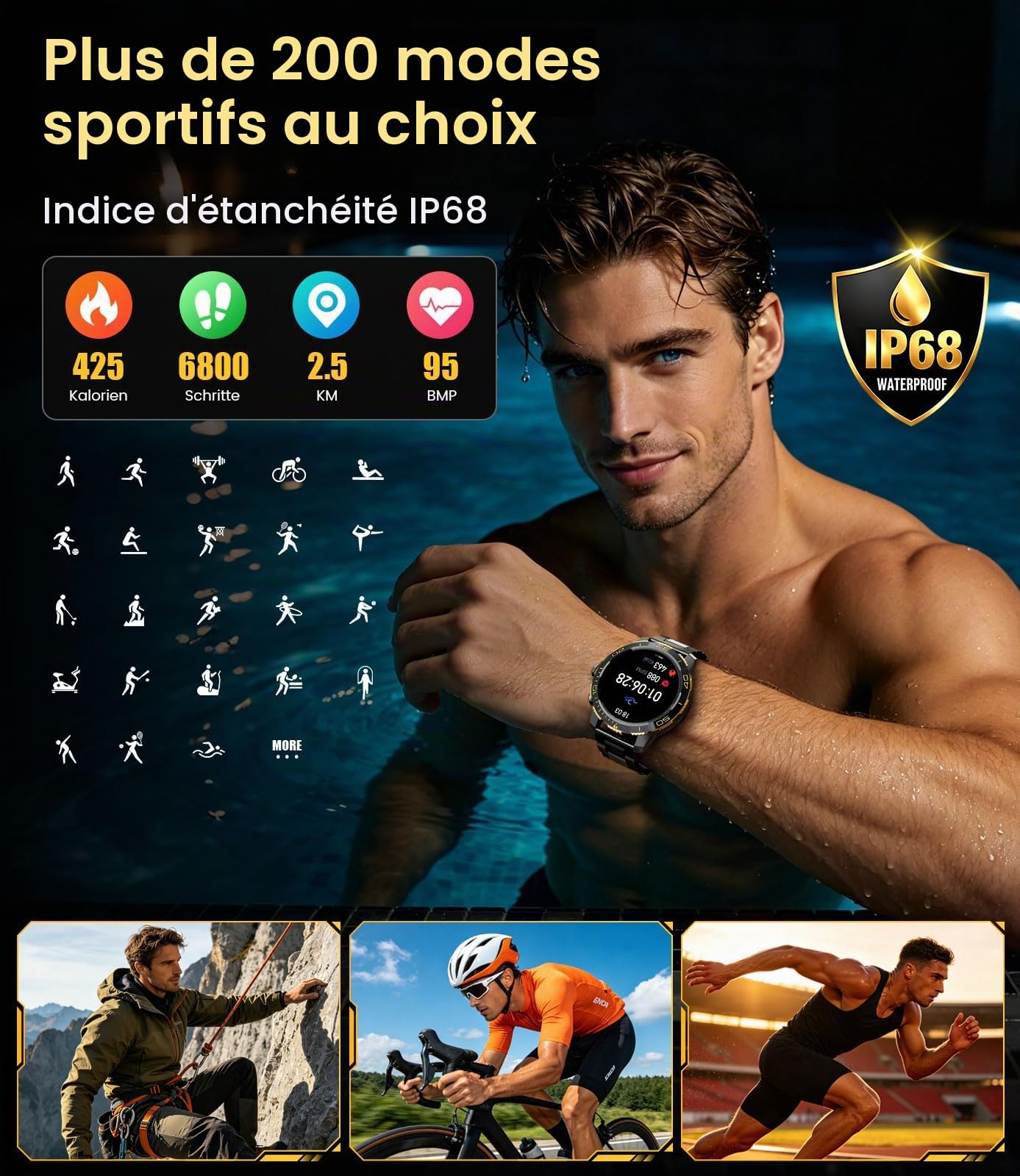 Montre Connectée Homme, Batterie 800mAh Smart Watch avec 1.43‘’ AMOLED Écran Appels Bluetooth, 200 Modes Sportifs, IP68 Étanche, LED Lampe, Cardiofréquence, Sommeil, iOS Android Noir