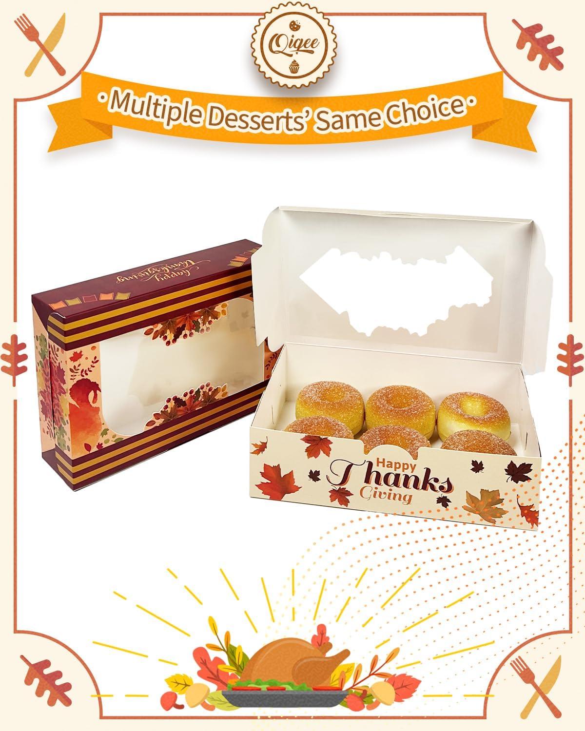 qiqee Caja de galletas de Acción de Gracias con ventana de 9 x 6 x 2.5 pulgadas, 15 unidades, para pastelería, macarrón, hojas de Acción de Gracias, caja de panadería para el día de Acción de Gracias