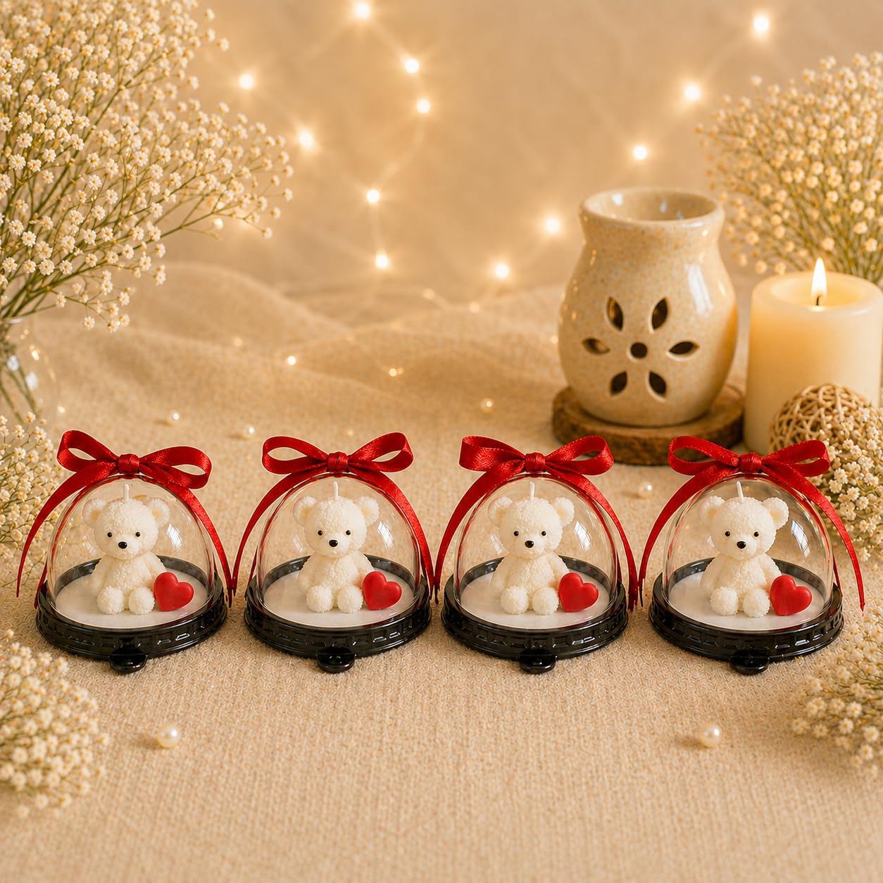 The Natural House Pack of 4 Teddy Candles in Dome - Handmade Decorative Gift Sets for Baby Shower, Birthday, Wedding, Party & Home Decor (White)
