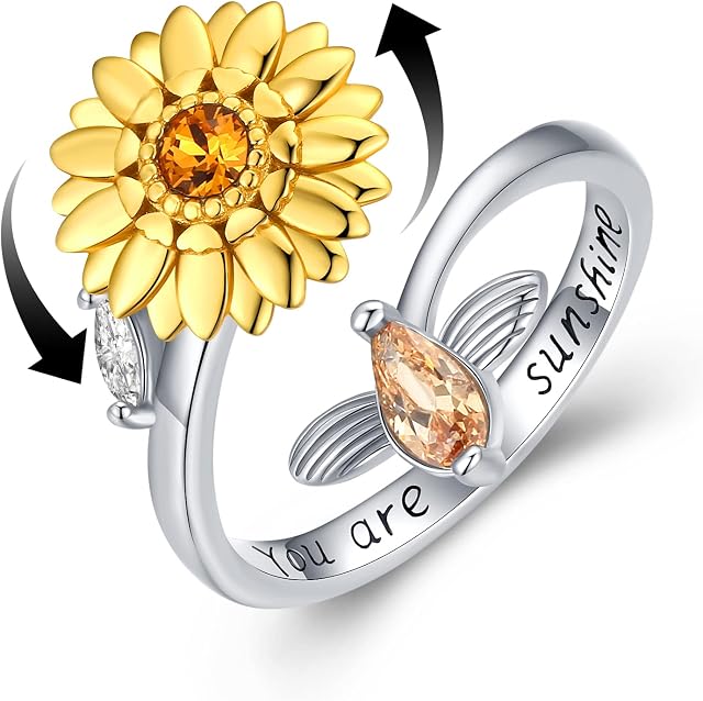 Fidget Rings for Anxiety Women 925 Sterling Silver Adjustable Open Sunflower Ring You are My Sunshine Spinner Ring for Girl Valentines Anniversary Jewellery