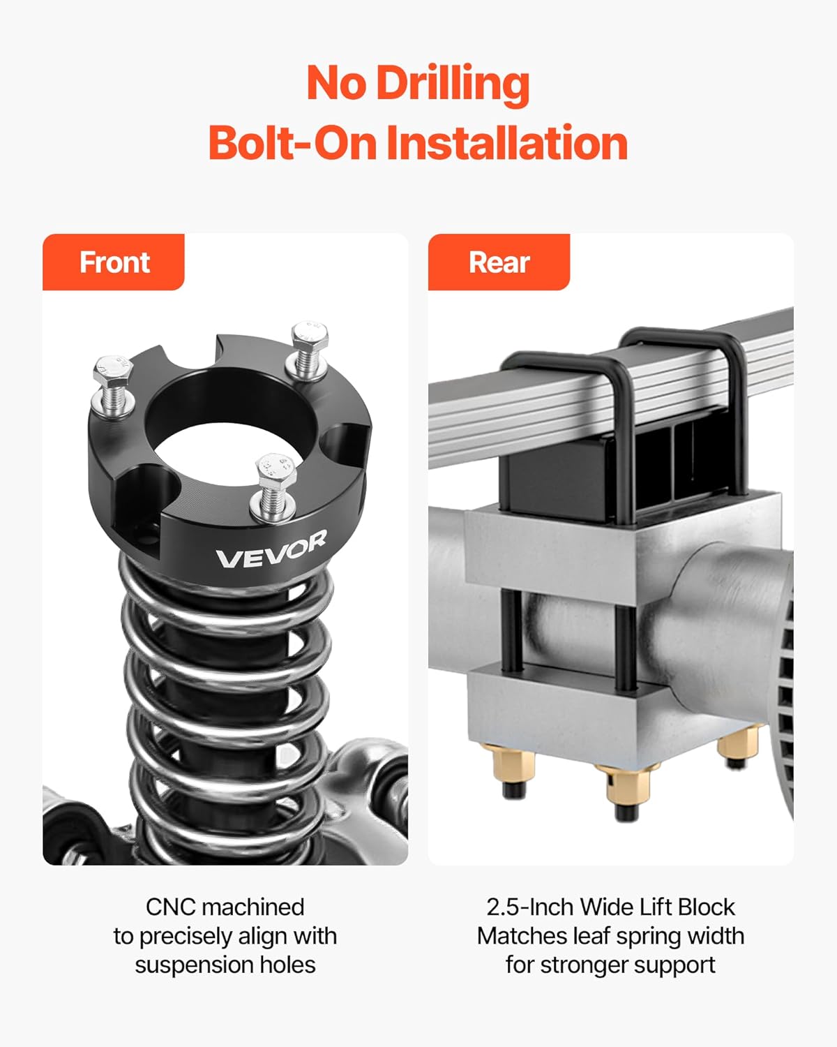 VEVOR 3 Inch Front and 2 Inch Rear Leveling Lift Kit for 2005-2021, 2022, 2023 Toyota Tacoma 2WD/4WD, Chassis Level Kit with 2 Front Strut Spacers, 2 Rear Lift Blocks, 4 U-Bolts, Suspension Level Kit
