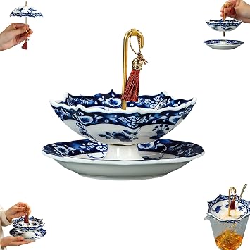Ceramic Umbrella Tea Strainer, Classical Umbrella Tea Strainer with Matching Base, Blue & White Ceramic Umbrella Shaped Teas Strainers with Tassel, Ceramics Teas Infusers for Coffee Brewing Blue