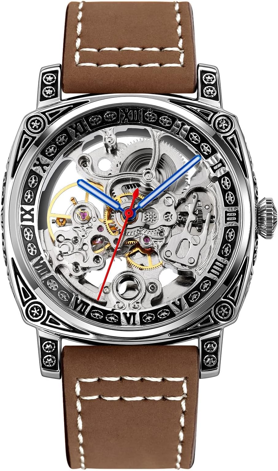 SKMEI Wrist Watch for Men, Fashion Mechanical Men Wrist Watch, Silver Skeleton Dial Automatic Movement Leather Watch Bands Design with Classic Roman Number Business Watch for Men