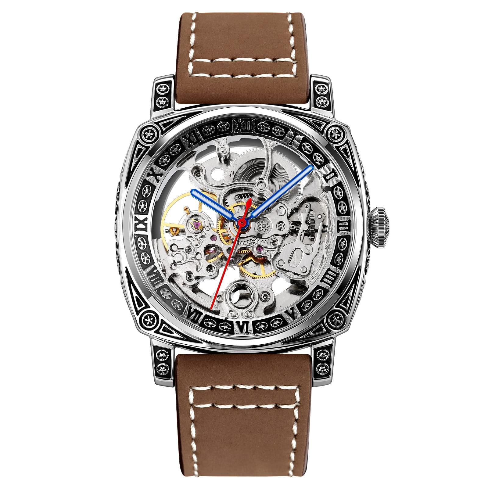 SKMEI Wrist Watch for Men, Fashion Mechanical Men Wrist Watch, Silver Skeleton Dial Automatic Movement Leather Watch Bands Design with Classic Roman Number Business Watch for Men