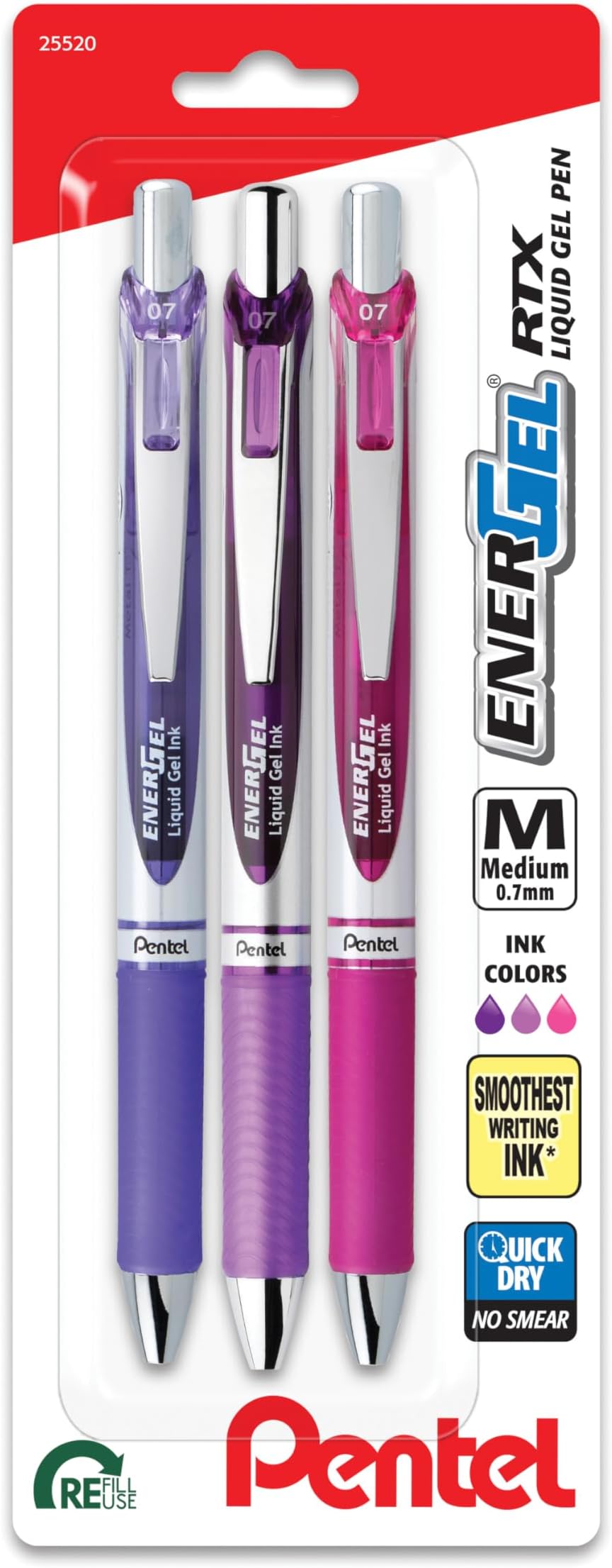 EnerGel RTX Retractable Liquid Gel Pen, Passion Hue, 0.7mm, Assorted Violet Ink Pack of 3 Pens (BL77PASBP3M)