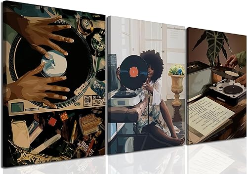 YFvrPt Black Girl Wall Art Decor Modern Black Woman Painting Prints, Set of 3 African American Music Record Player Poster Canvas Artwork for Bedroom Living Room 12x16 inch Framed