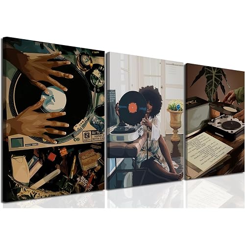 YFvrPt Black Girl Wall Art Decor Modern Black Woman Painting Prints, Set of 3 African American Music Record Player Poster Canvas Artwork for Bedroom Living Room 12x16 inch Framed
