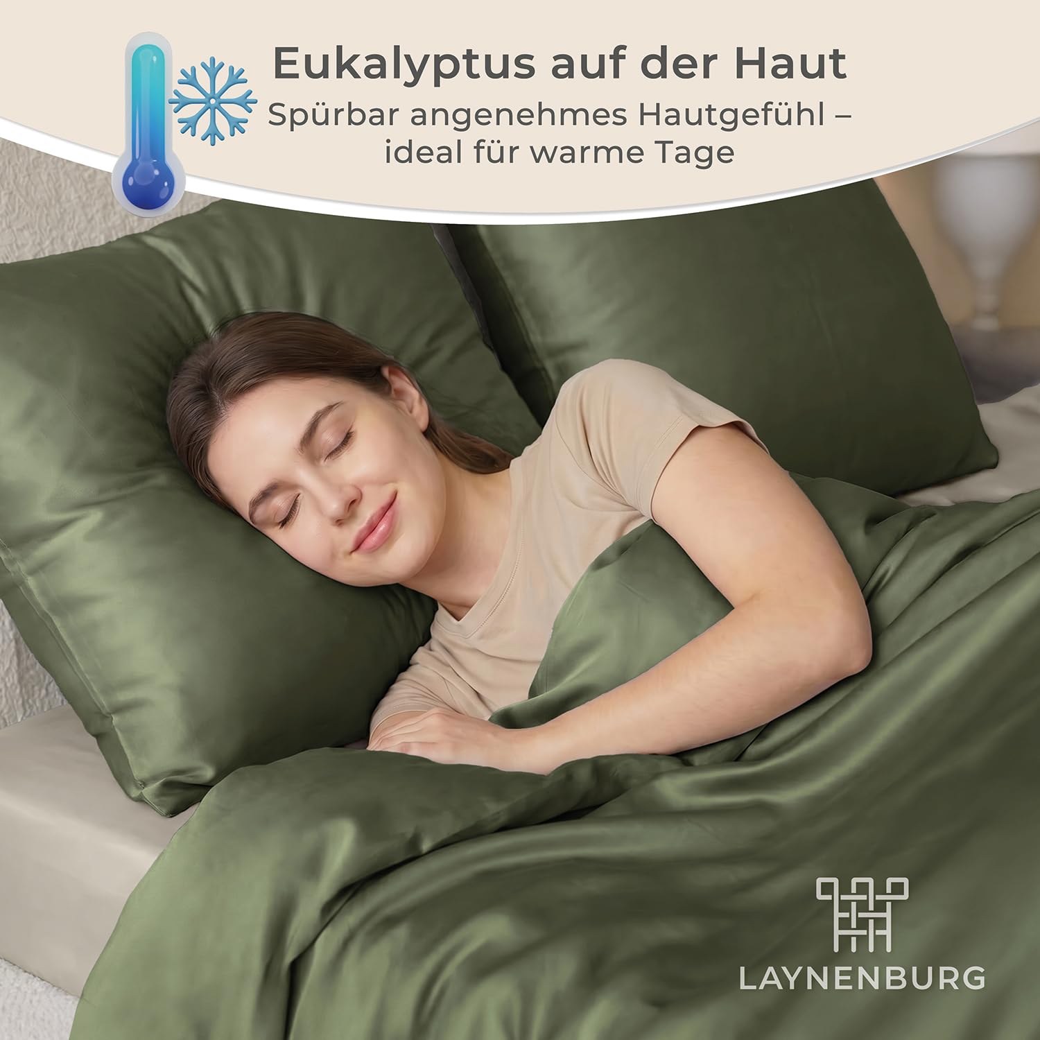 LAYNENBURG Pościel premium Lyocell 135 x 200 + poszewki na poduszki 80 x 80 cm – 100% lyocell Tencel z m.in. eukaliptusa – Öko-Tex 100 – chłodząca pościel letnia z zamkiem błyskawicznym (ciemnozielona