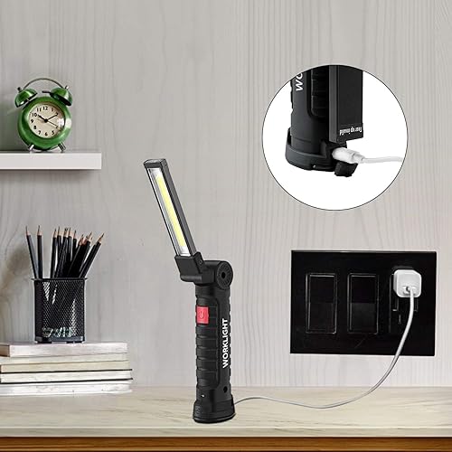 Miniatura 5 de Paquete de 2 luces LED de trabajo, luz de trabajo LED COB con base magnética y gancho para colgar, rotación de 360, 5 modos de linterna LED para