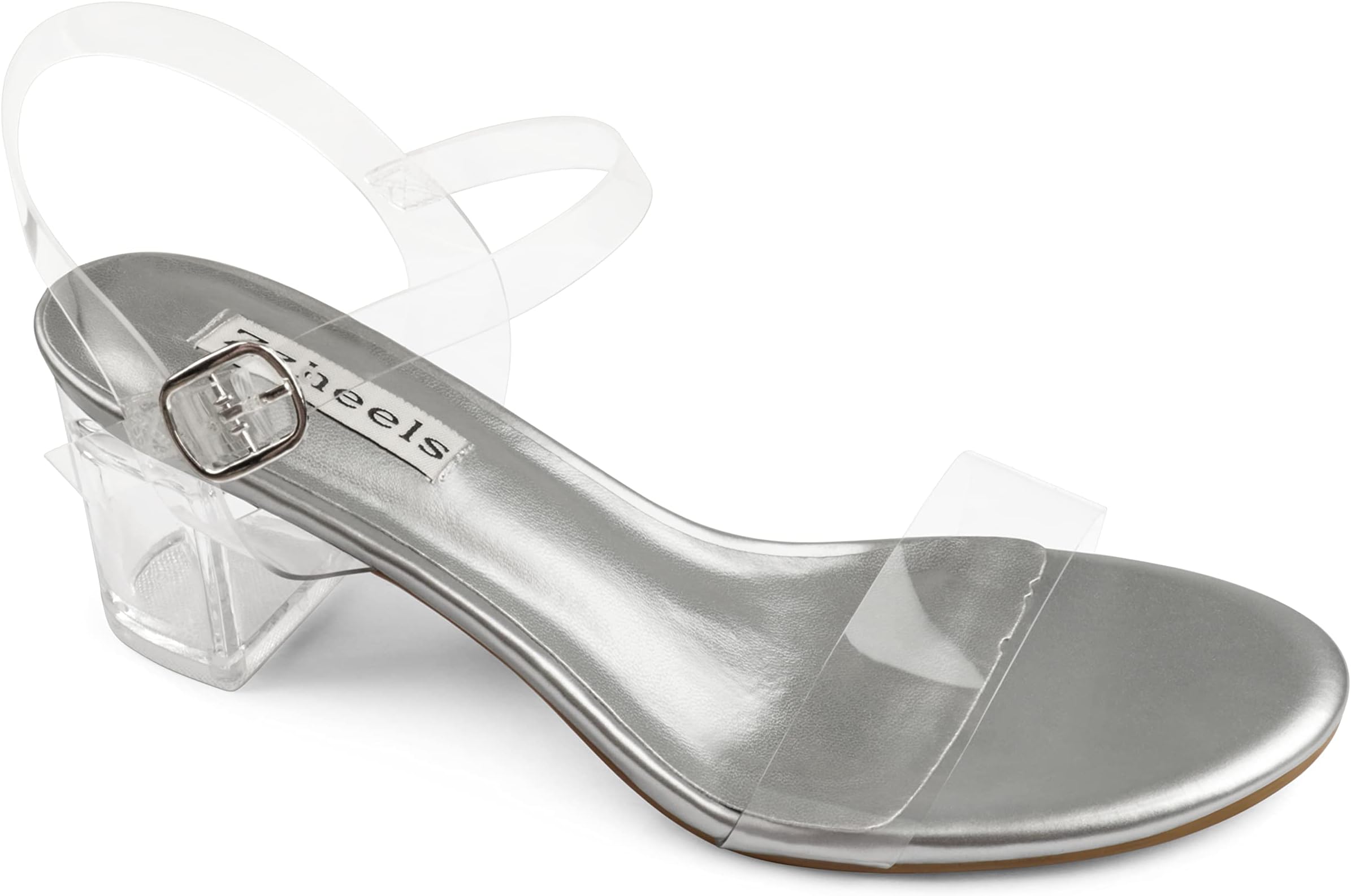 Zzheels Women's Clear Heels Open Toe Transparent Ankle Strap Block Low Chunky Heels Daily Dress Sandals, Silver, 6.5 UK