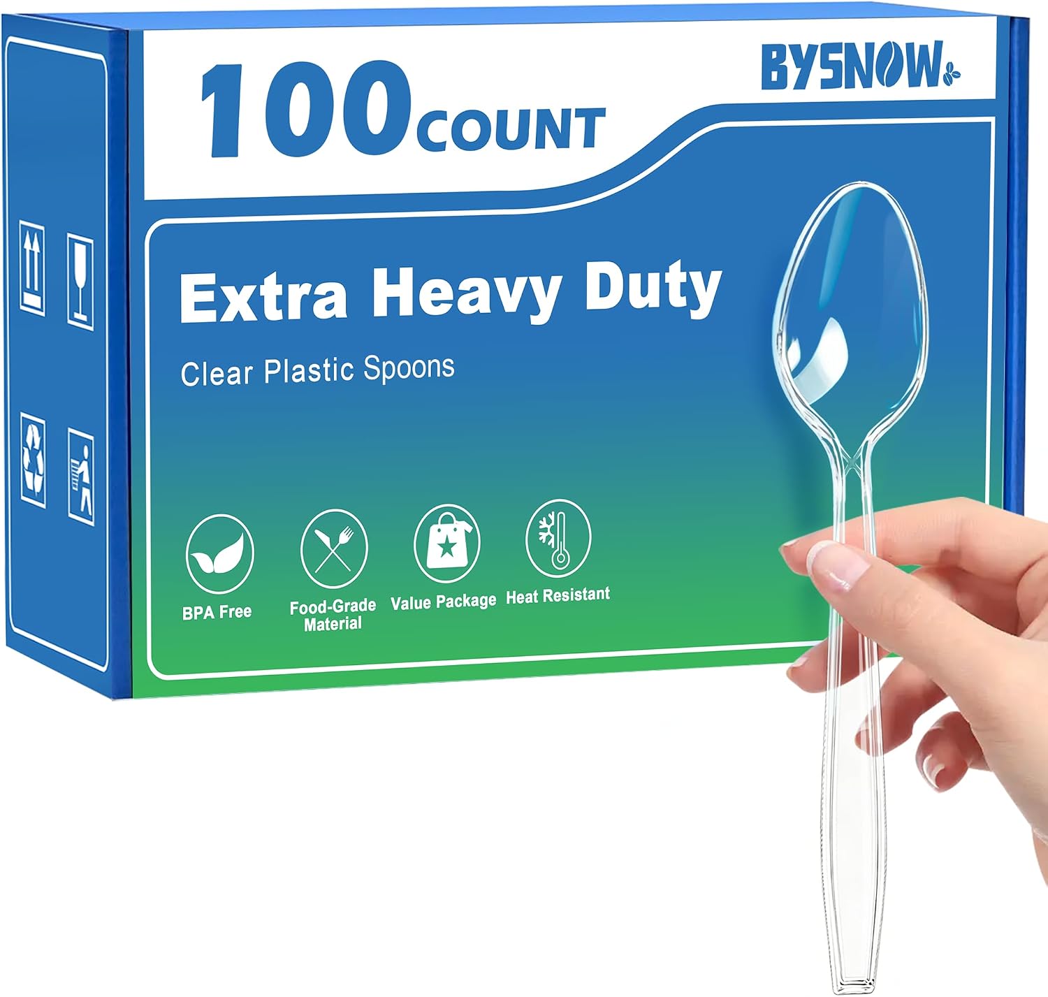 BYSNOW 100 Count Clear Plastic Spoons Disposable Heavy Duty Cutlery Set