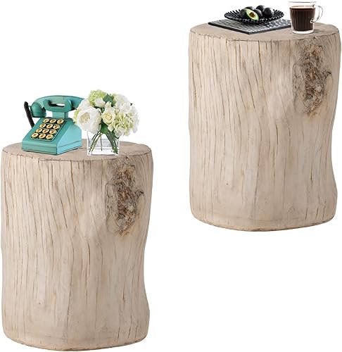 HOMPUS Juego de 2 mesas auxiliares de hormigón para exteriores, 2 piezas, tocón de árbol, mesa auxiliar redonda moderna, soporte para plantas, mesa