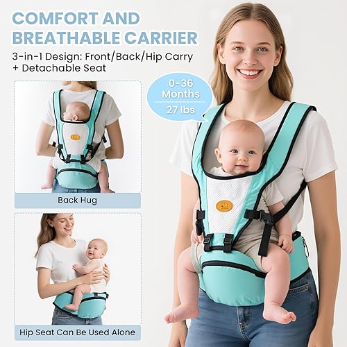 Miniatura 2 de Portabebés ergonómico de 0 a 36 meses, manos libres, asiento de cadera ajustable con malla transpirable, portabebés para recién nacidos a niños