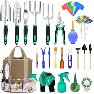 Garden Tools Set 82pcs, Extra Succulent Tools Set, Heavy Duty Gardening Tools Kit with Soft Rubberized Non-Slip Handle incl Pruner Trowel Weeder Rakes & Storage Tote Bag, Gift for Women & Men