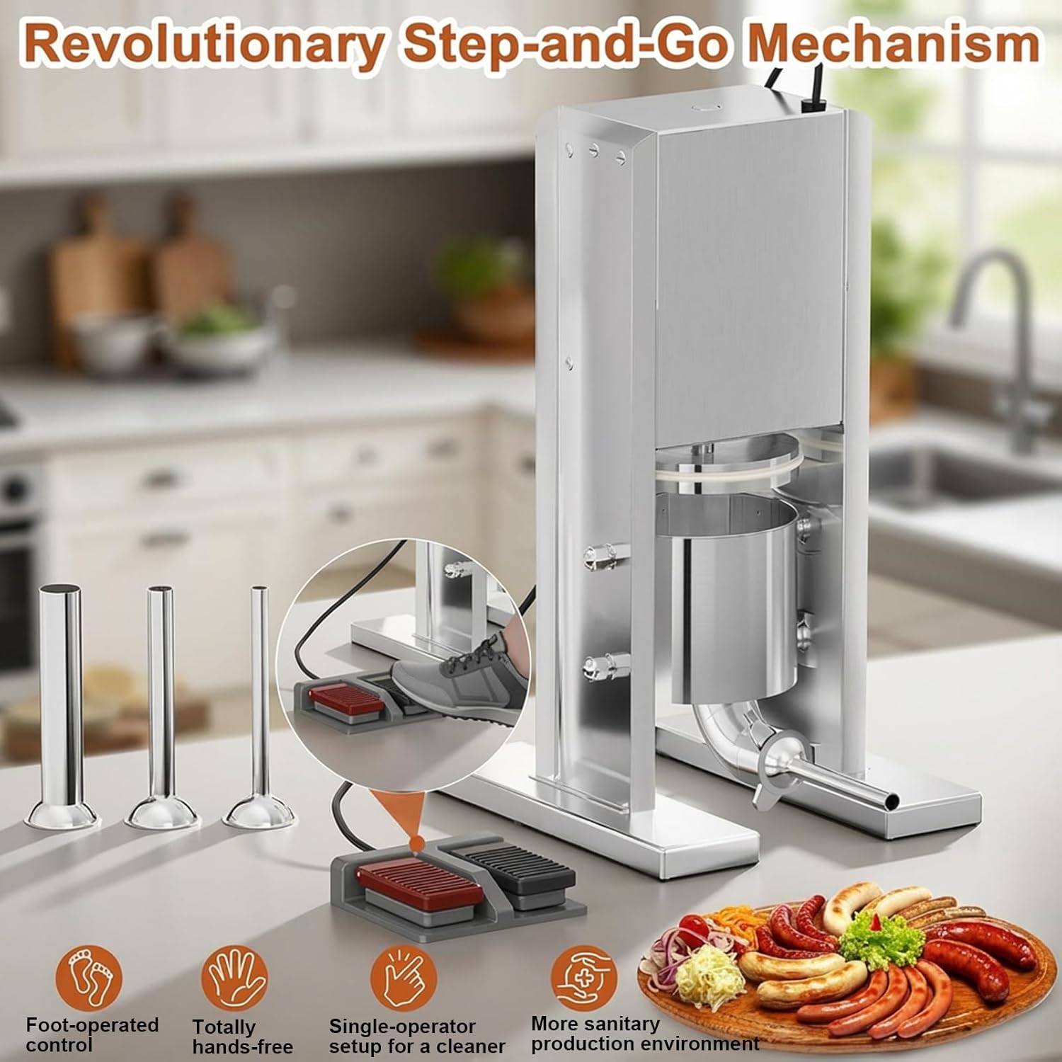 Electric Sausage Stuffer Maker, Vertical Electric Stuffer Foot-Operated Stainless Steel Commercial Sausage Filler Meat Stuffers with 3 Stuffing Tubes, Home & Commercial