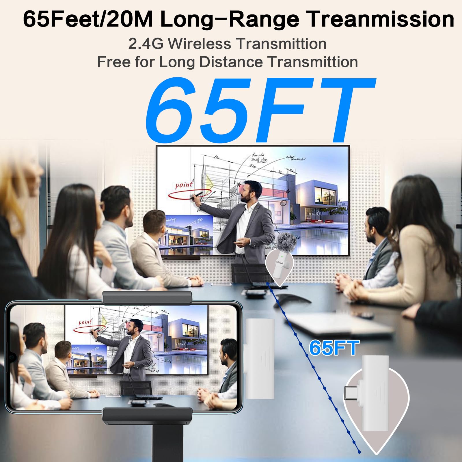 OSA Microfono lavalier wireless USB-C per iPhone 15 Series/Android/Tipo-C Smartphone Laptop, microfono wireless per registrazione video, mini microfono, Live Streaming, TikTok, Vlog, YouTube, bianco