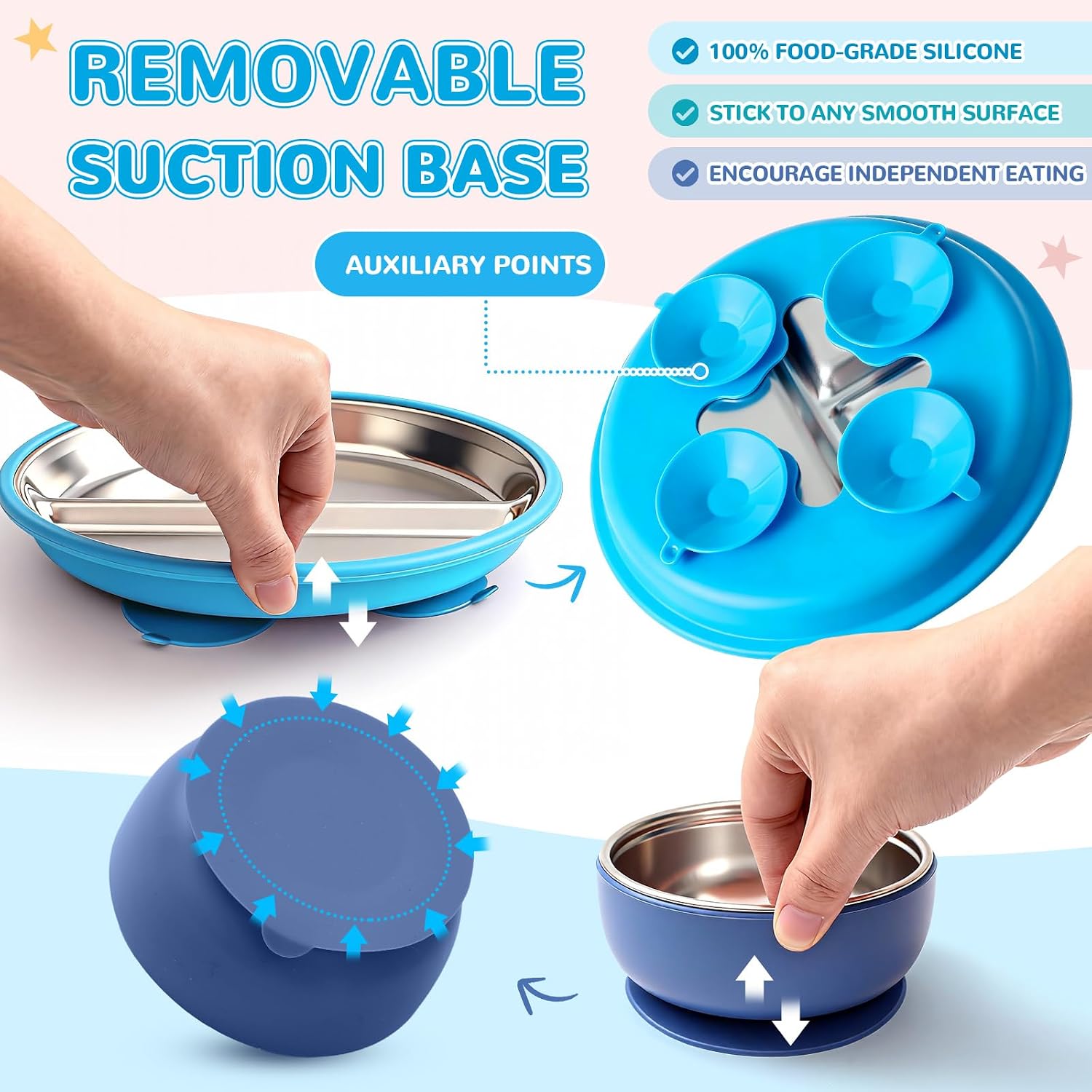 Havawish 8 Pcs Stainless Steel Baby Plate and Bowls with Suction, 8.3" Kid Divided Plate and 4" Toddler Bowl with Removable Silicone, BPA-free Non-slip Baby Feed Set Dishwasher Safe for Boy Girl(Blue)