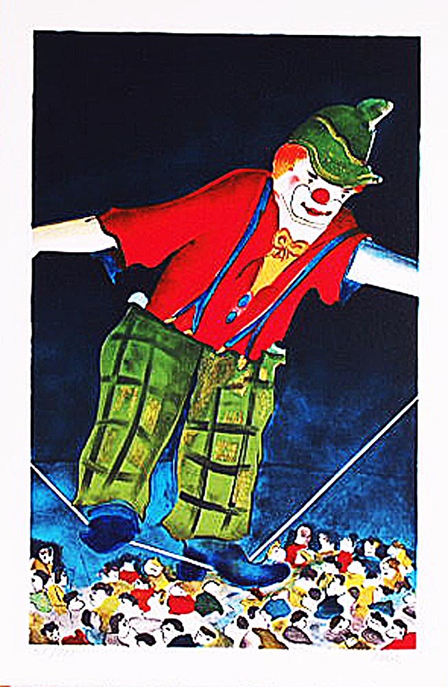 Lithographie le clown funambule pour salon moderne - Déco murale chambre et bureau