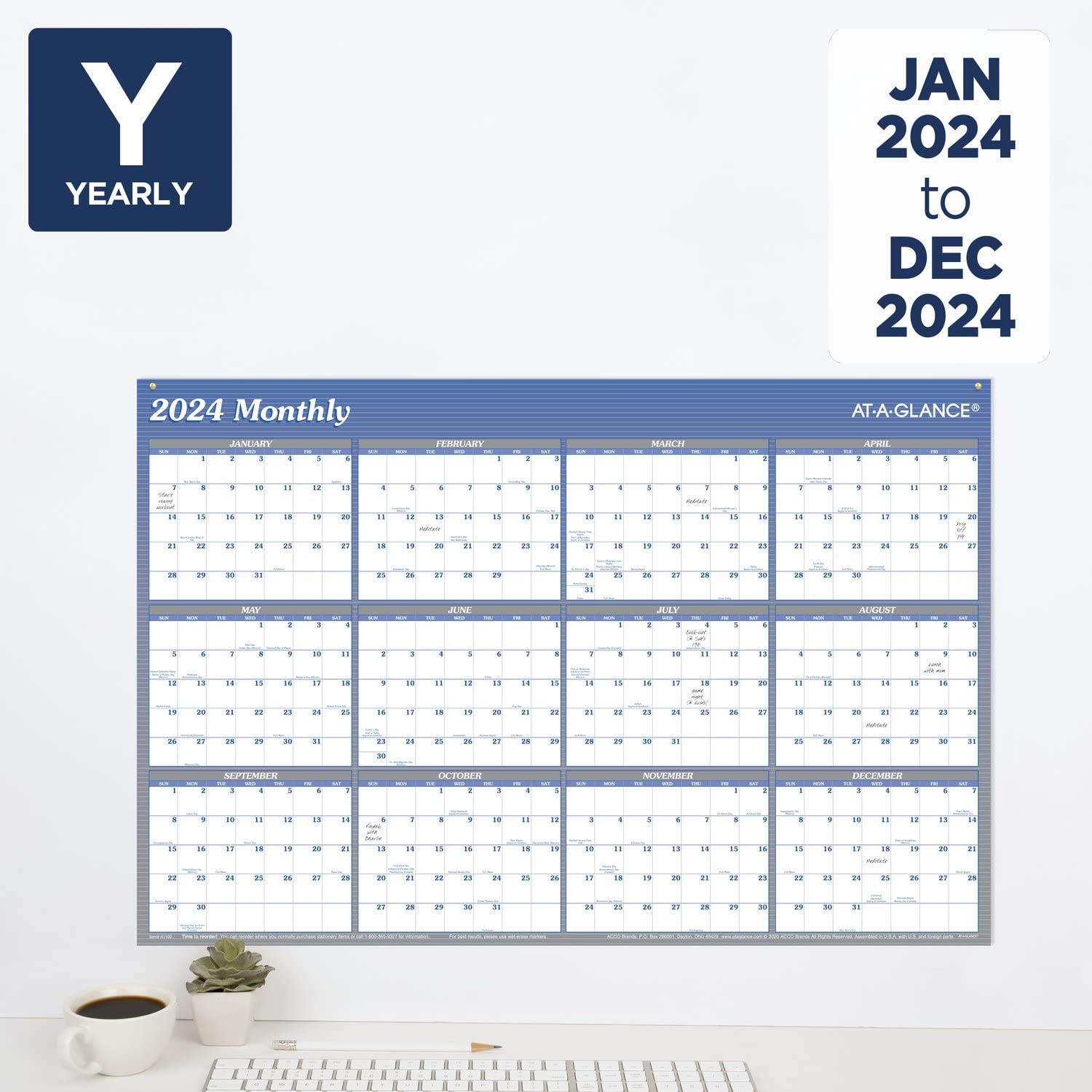 AT-A-GLANCE Calendario da parete 2024, 91,4 x 61 cm, grande, cancellabile, annuale, verticale, orizzontale, reversibile (A1102-24)