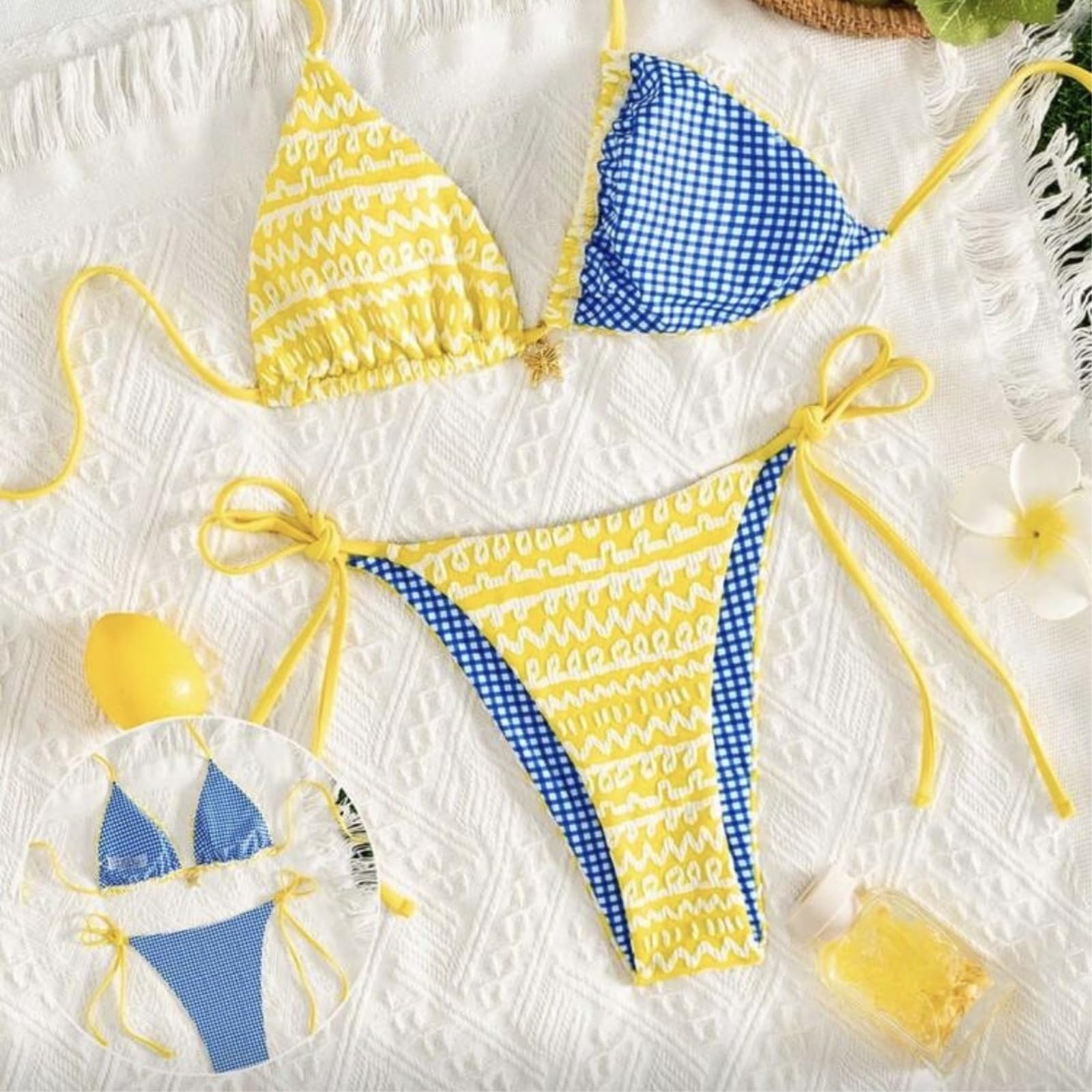 Bikini Donna Giallo Blu Contrasto Set Triangolo Top Cravatta Lato Costume da Bagno-1-l