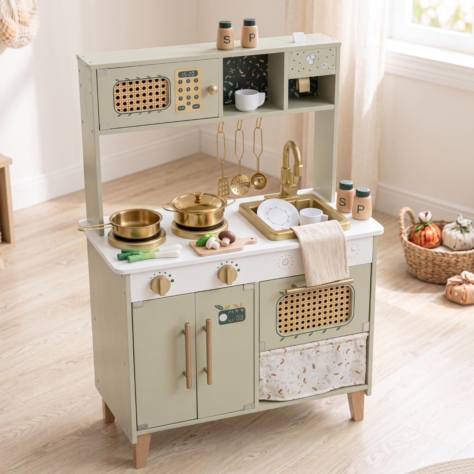 Cucinotta in Legno per Bambini Robusta Resistente, Giocattolo con Accessori, Scandinavo, in Legno, per Cameretta, stanza giochi, Asilo