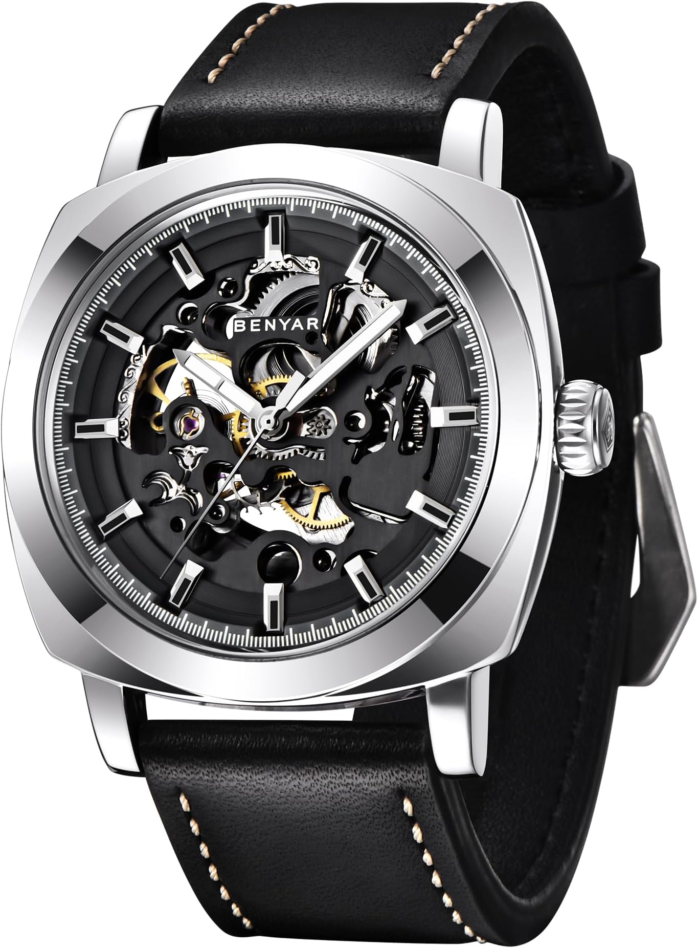BY BENYAR Automatic Watch for Men Skeleton Mechanical 45mm Square Mens Watches 30M Waterproof Gift for Men