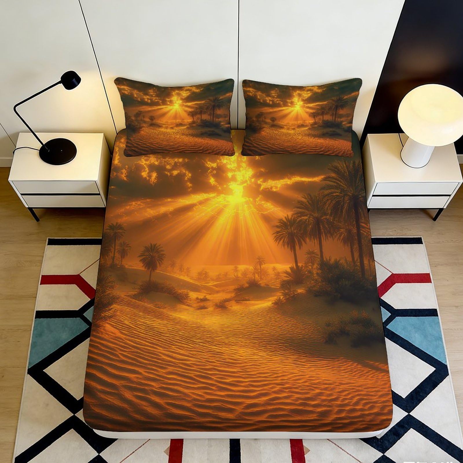 Jqzkxnhpbr Style-7 3D Printed Desert Sunset Fitted Sheet Microfiber Soft Anti-Slip Palm Oasis Mattress Cover For Bedroom Dorm Decor 90X200x25cm