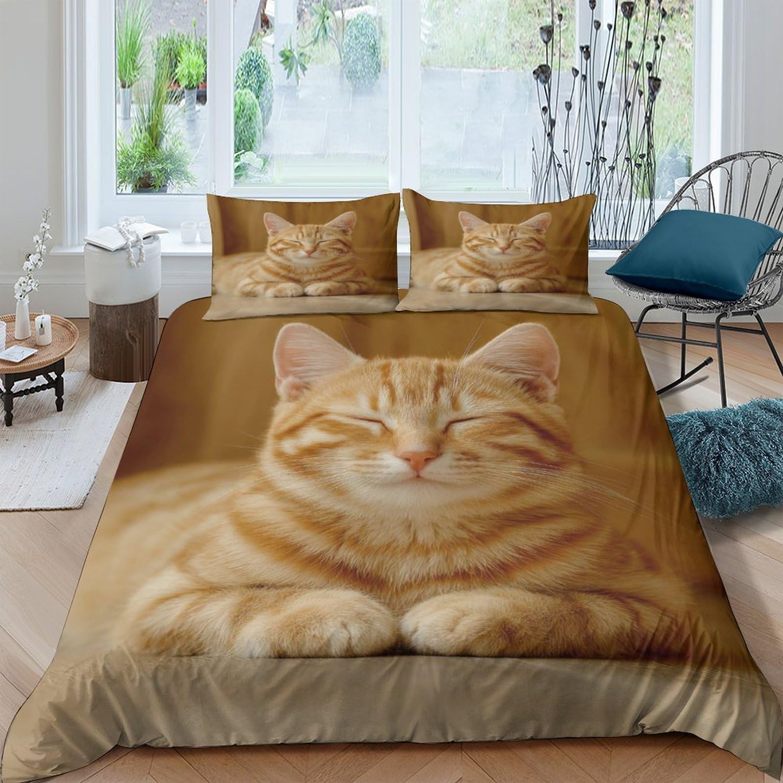 Ctjqhvkz Style-3 3D Printed Ginger Tabby Cat Fitted Sheet Microfiber Soft Anti-Slip Orange Kitten Bed Cover For Bedroom Guest Room Decor Single（135X200cm）