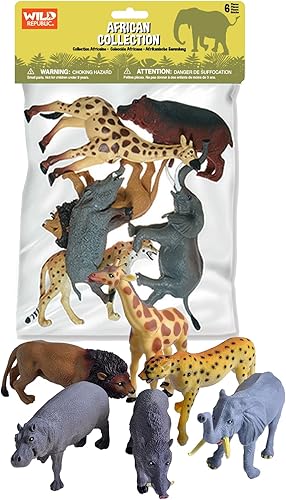 Wild Republic Bolsa de plástico de animales africanos, jirafa, hipopótamo, león, guepardo, elefante, jabalí de guerra, figuras de juguete, 6 piezas