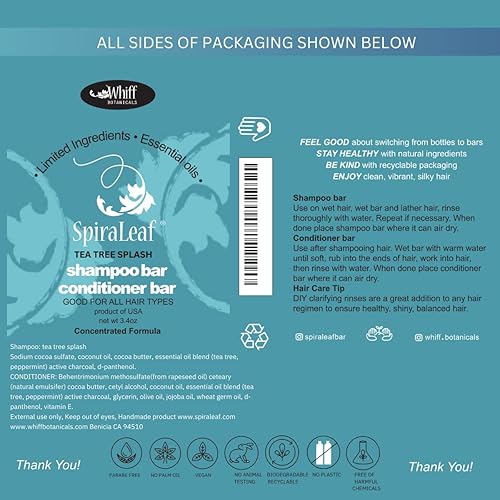 Miniatura 6 de SPIRALEAF Juego de barra de champú sólido y acondicionador, mezcla de aceites esenciales TEA TREE SPLASH, ingredientes limitados, fórmula