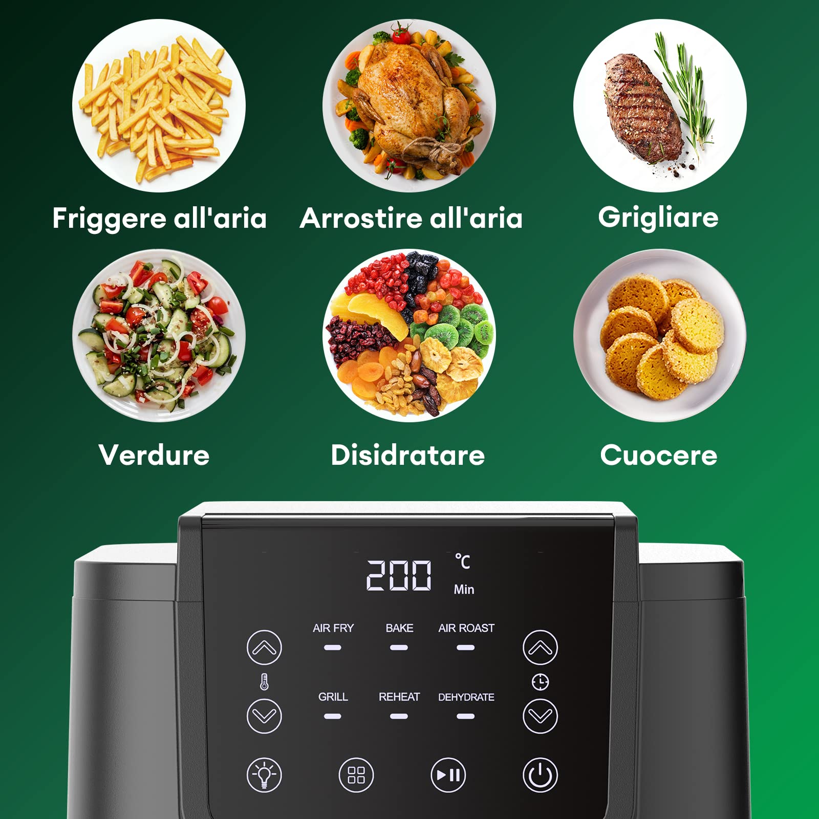 CHEFREE Friggitrice ad Aria 5 Litri, 1500W Air Fryer Resistente alle Macchie, Forno ad Aria 90% Senza Olio con Finestra Visibile, Miglior Friggitrice ad Aria Versatile 40-200°C, Ricette Online AFW01